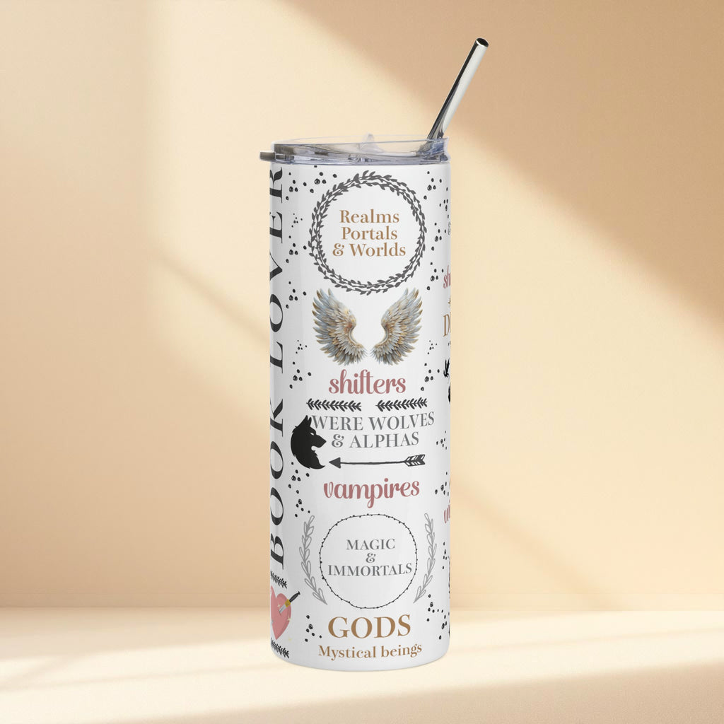 Tumbler with fantasy-themed text and graphics on a beige background