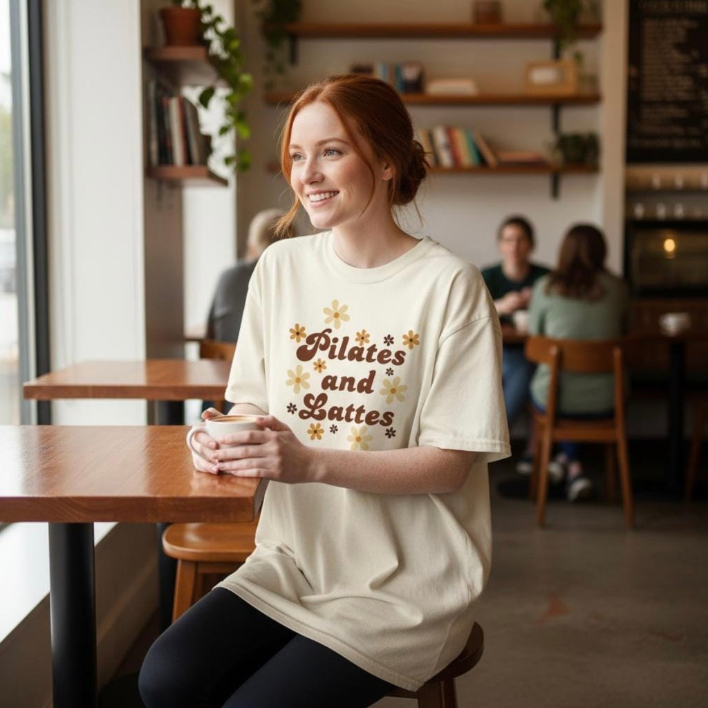 Pilates and Lattes Tee – Vintage Pilates Girl T‑Shirt