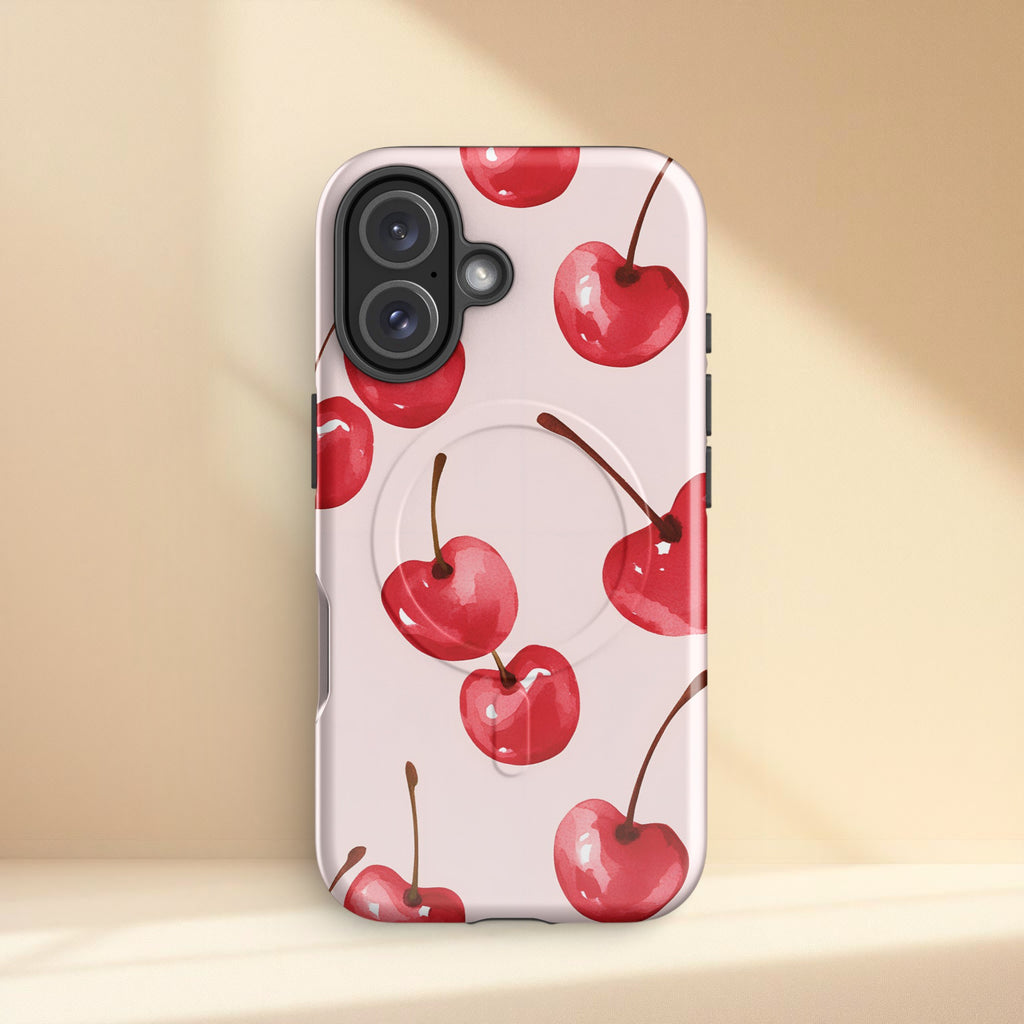 Girly cherry print iPhone case with dual-layer protection