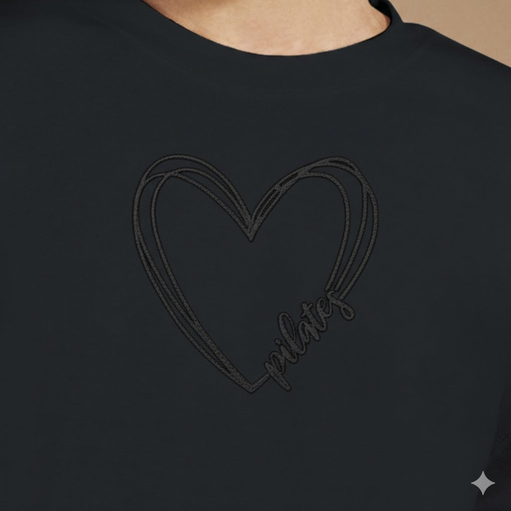 Pilates Heart Embroidered Sweatshirt – Minimal Black Crewneck