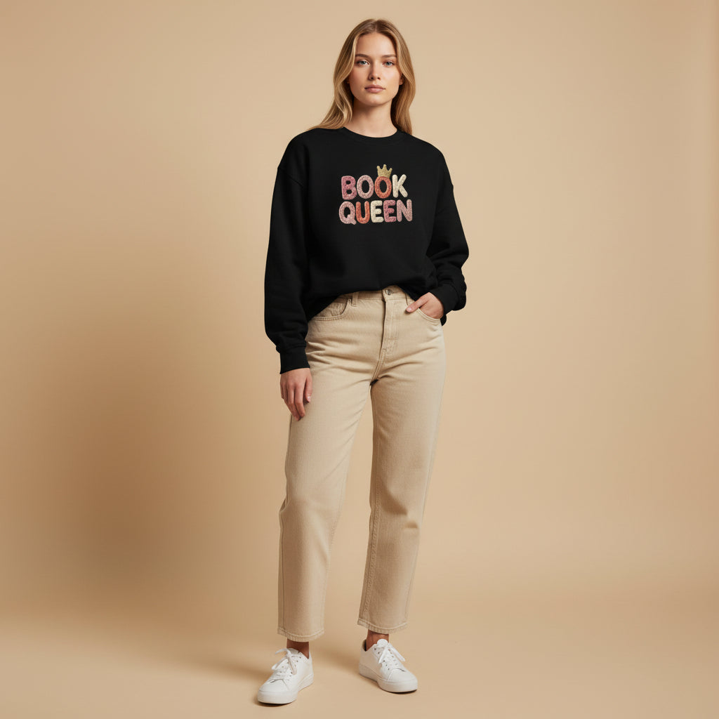 Cosy Book Queen sweatshirt worn casually