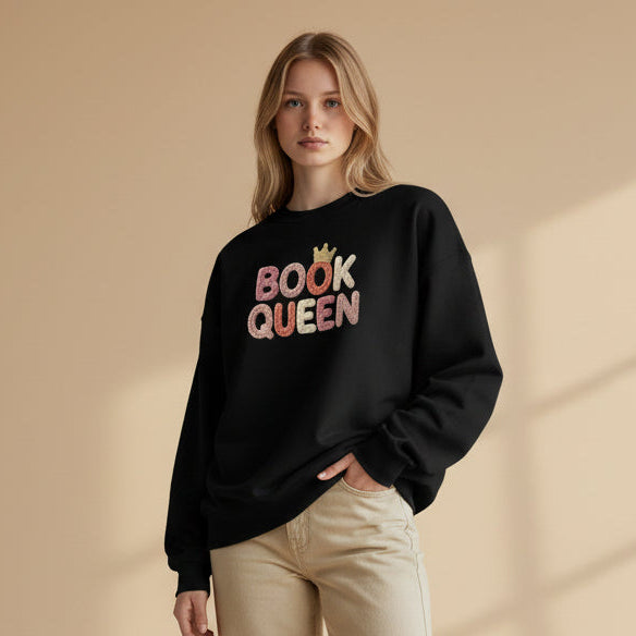 Book Queen bookish sweatshirt with crown detail for readers
