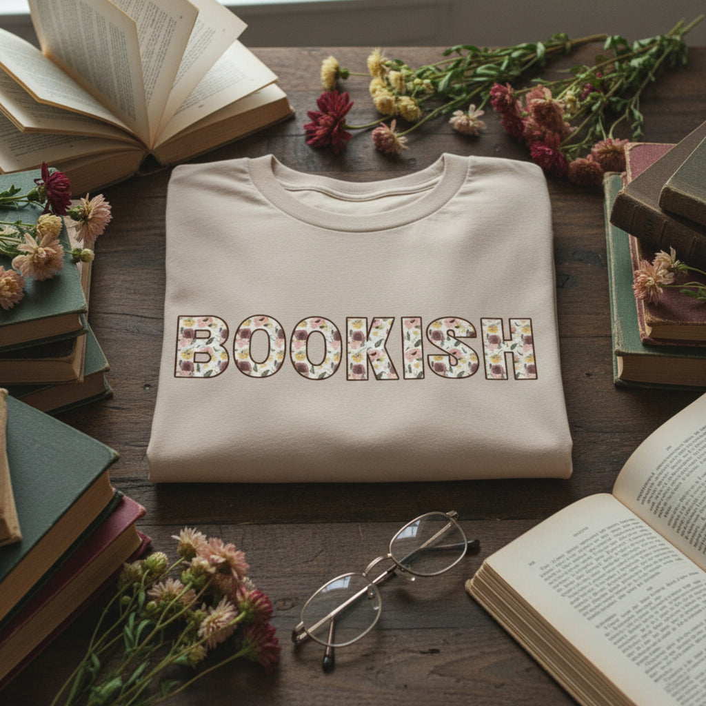 Cream bookish t-shirt with reading-inspired design