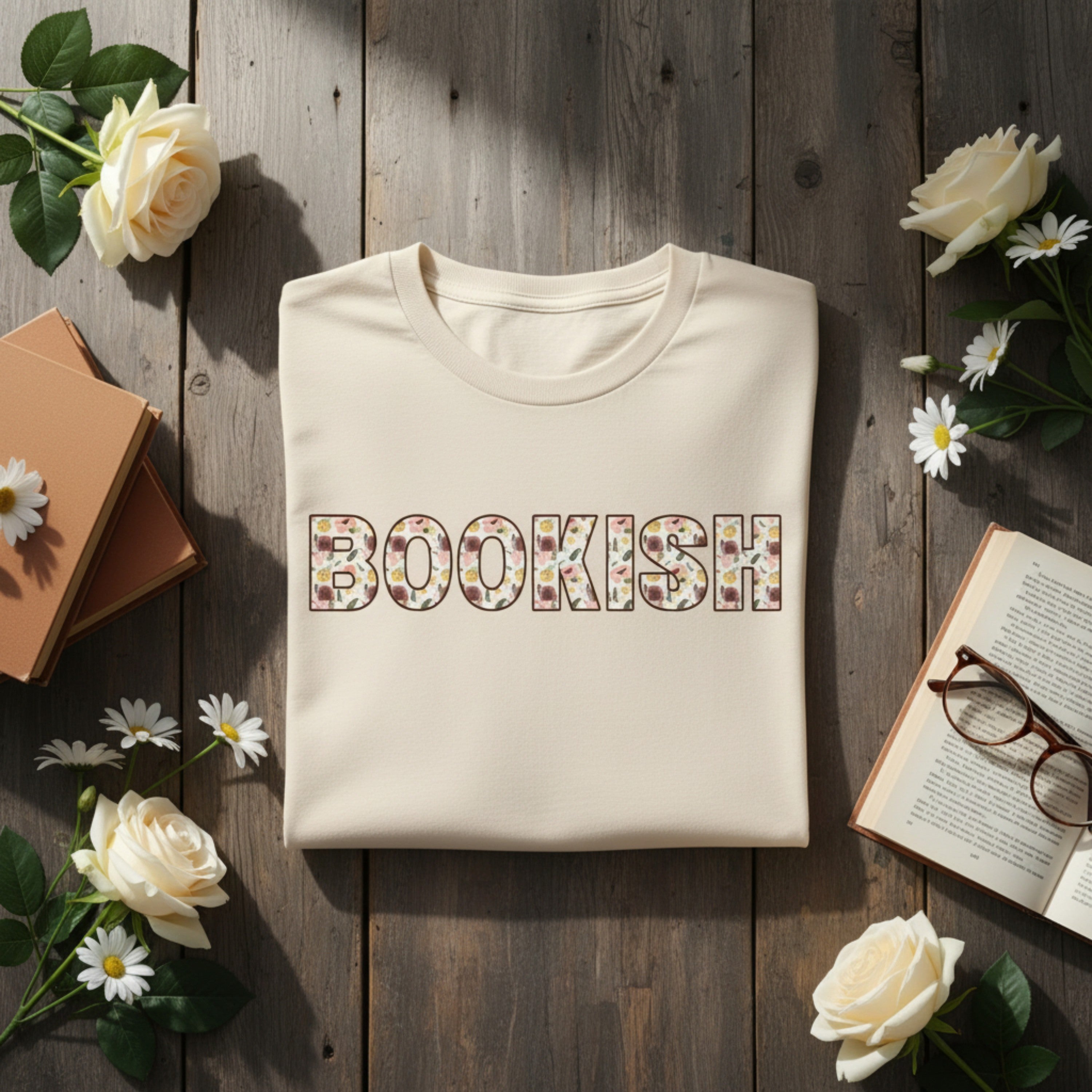 Bookish t-shirt with floral cottagecore lettering.