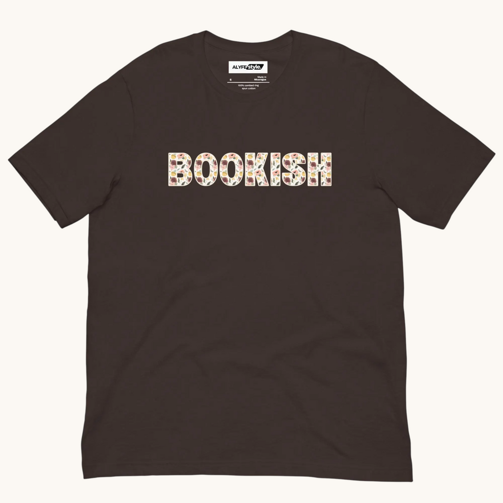 Brown bookish t-shirt with reading inspired text