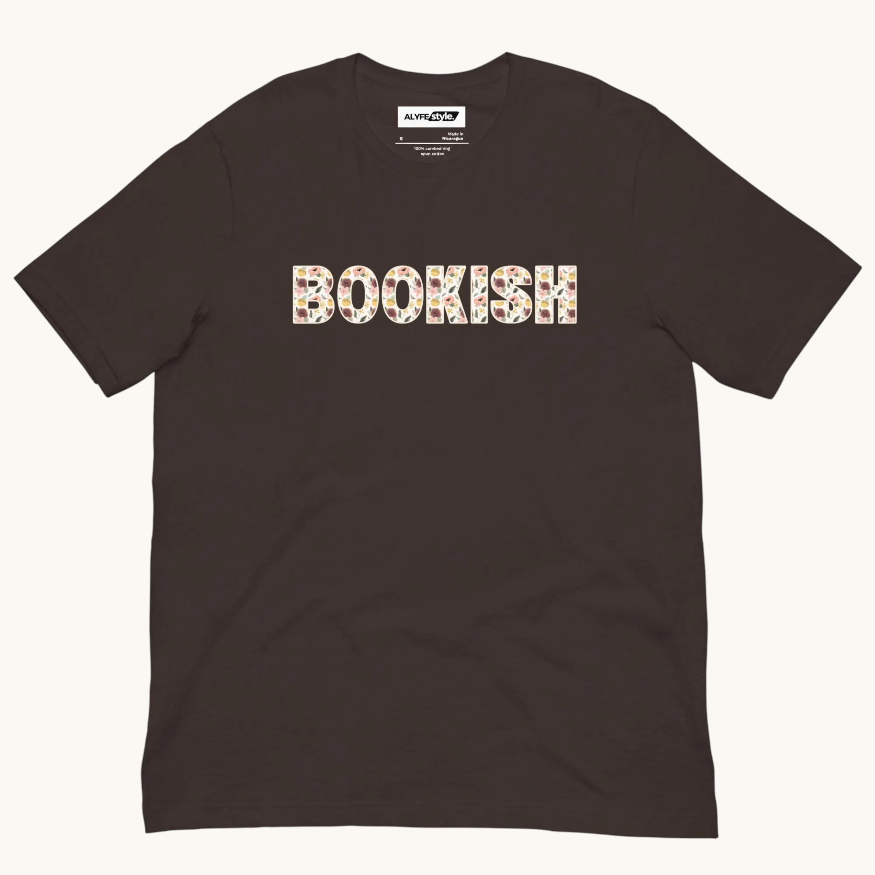 Brown bookish t-shirt with reading inspired text