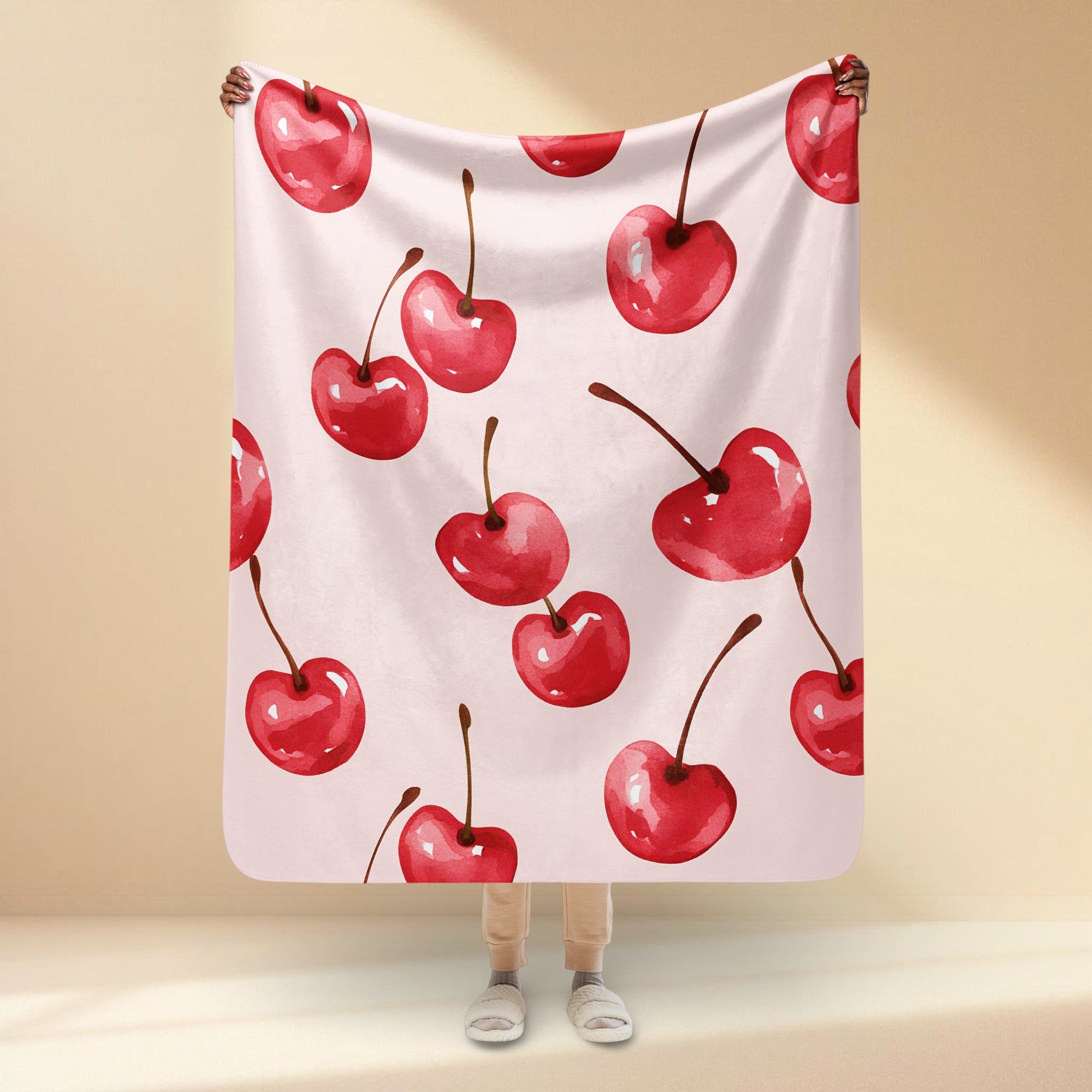 Cosy cherry print sherpa throw blanket