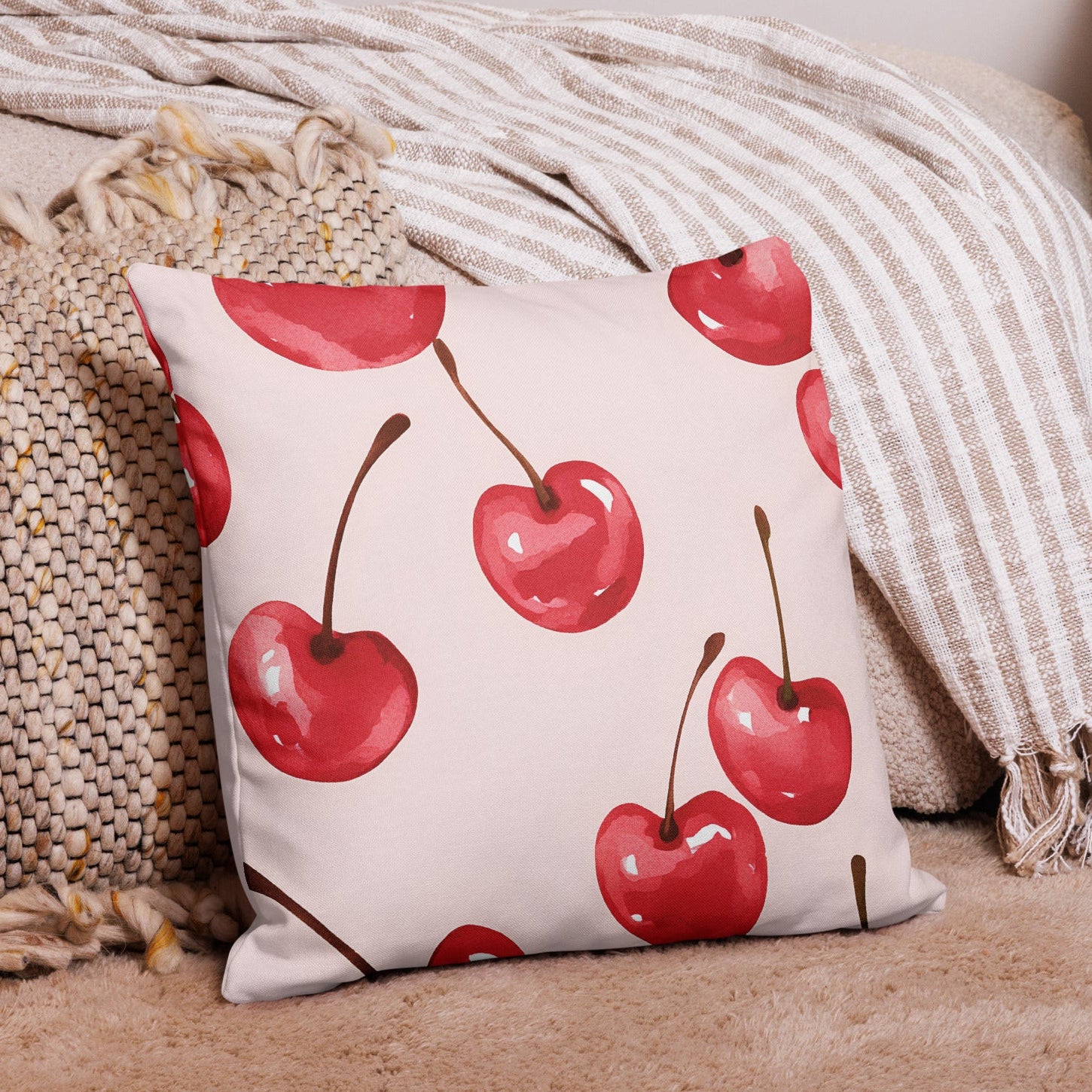Cherry pattern throw pillow with linen feel