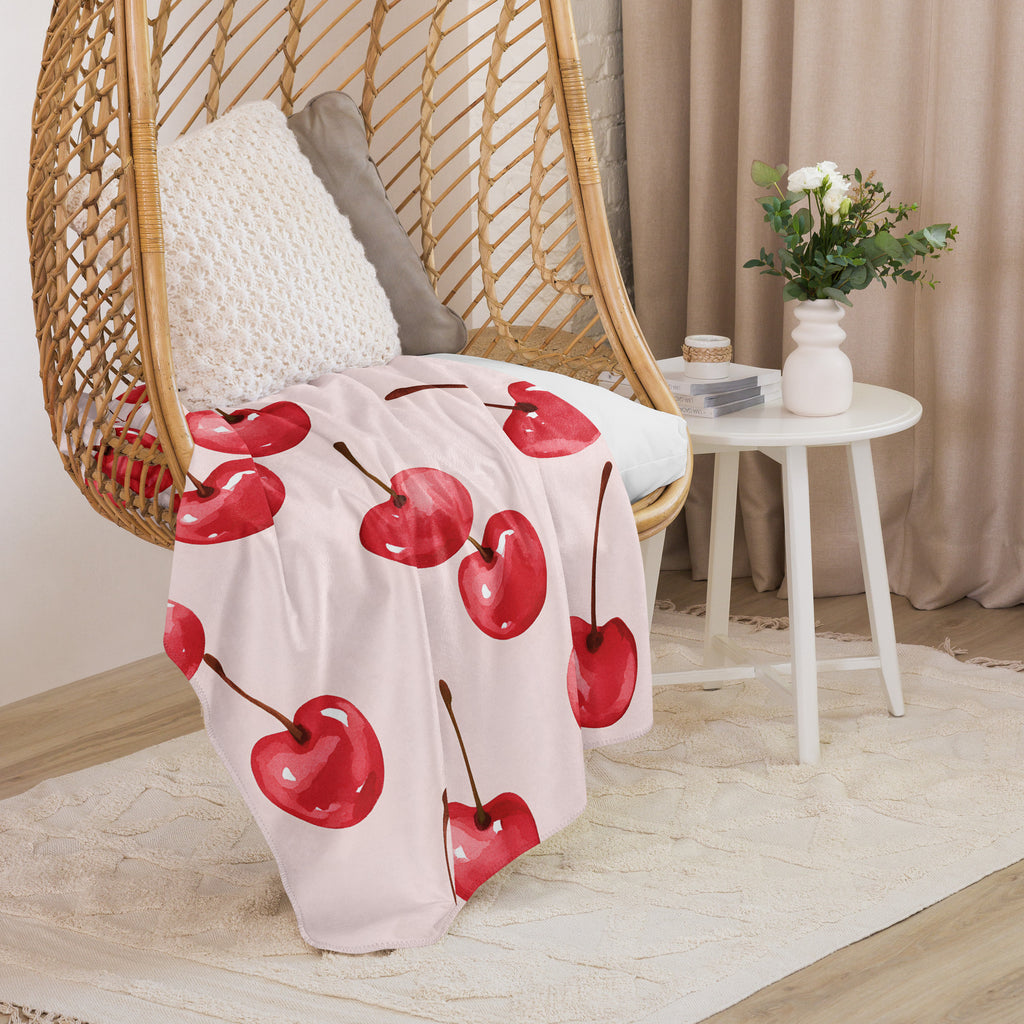 Cherry print sherpa blanket with plush fleece backing
