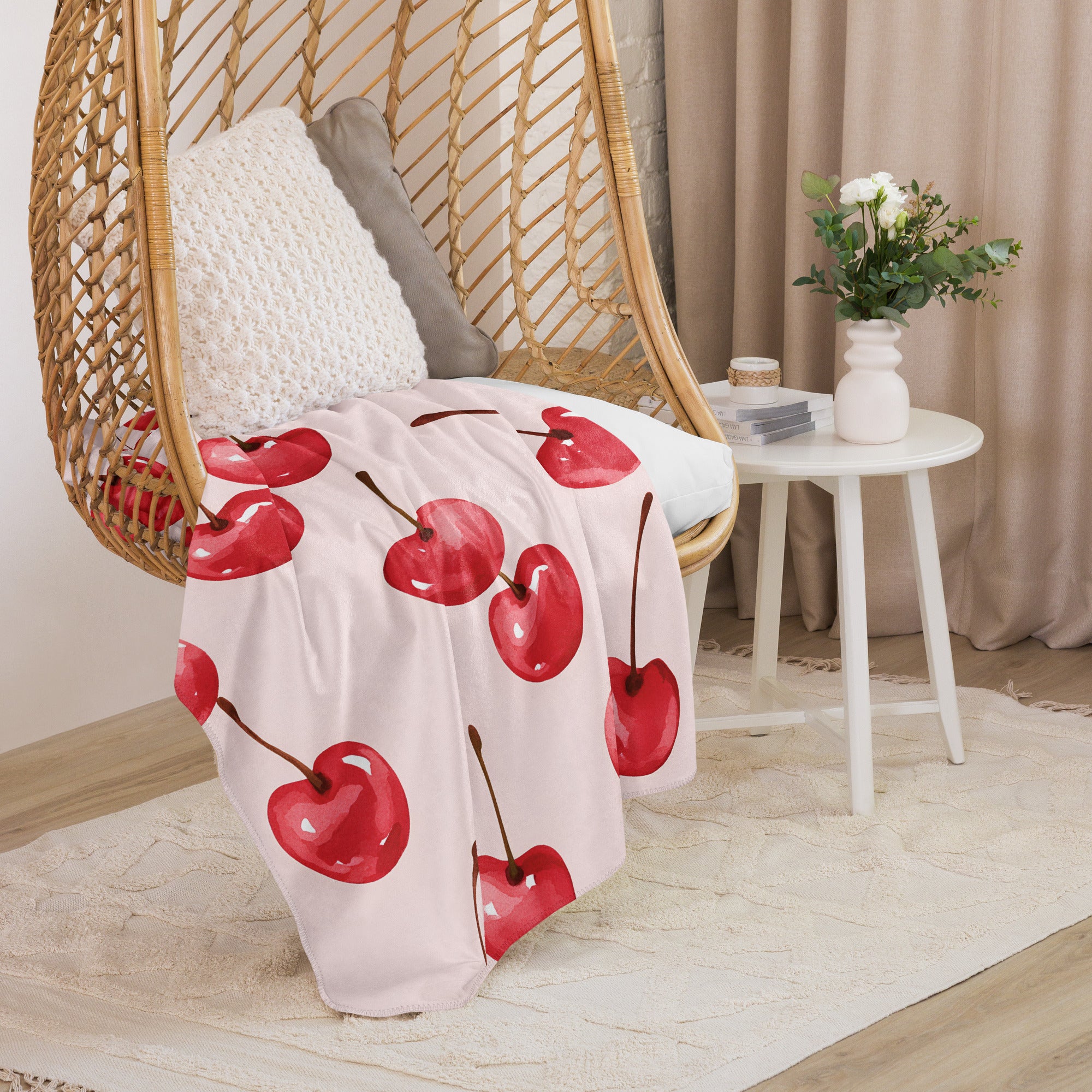 Cherry print sherpa blanket with plush fleece backing
