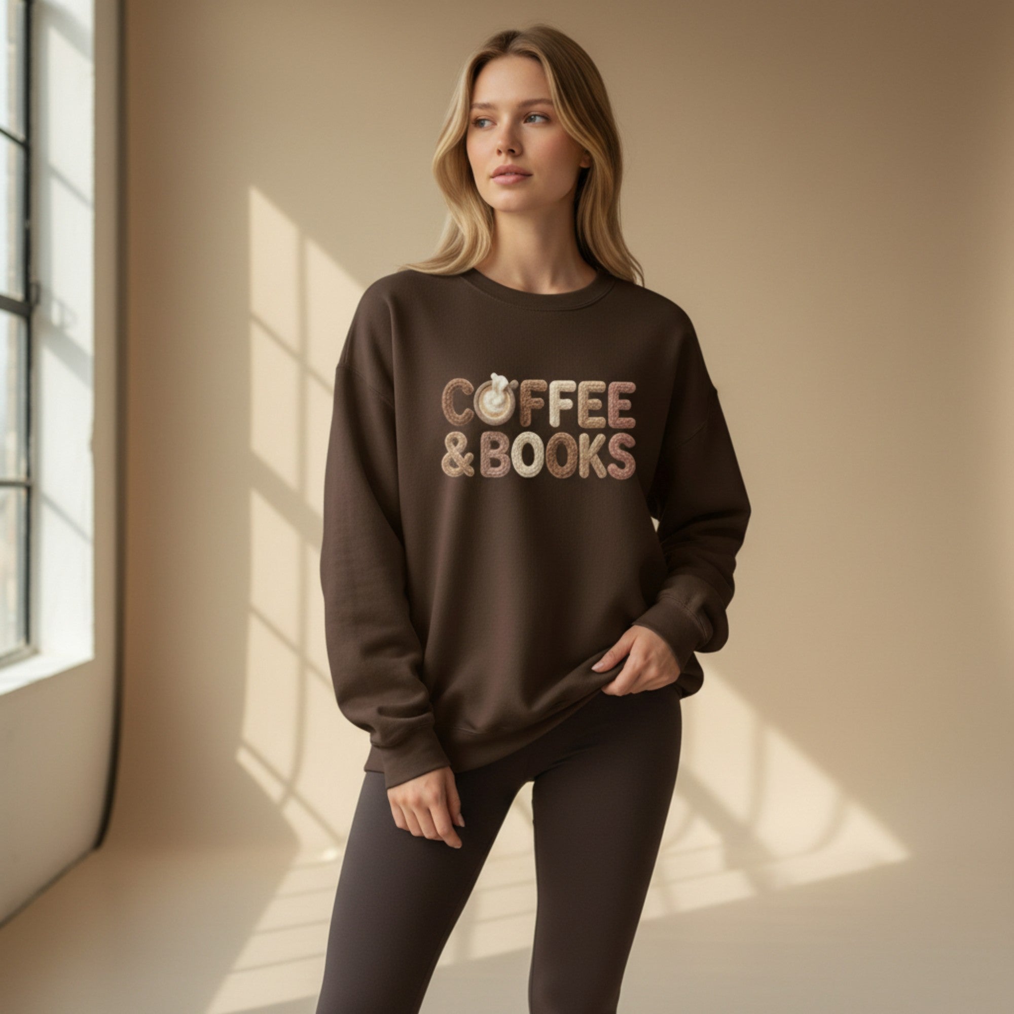 Bookish sweatshirt with coffee and books design for readers