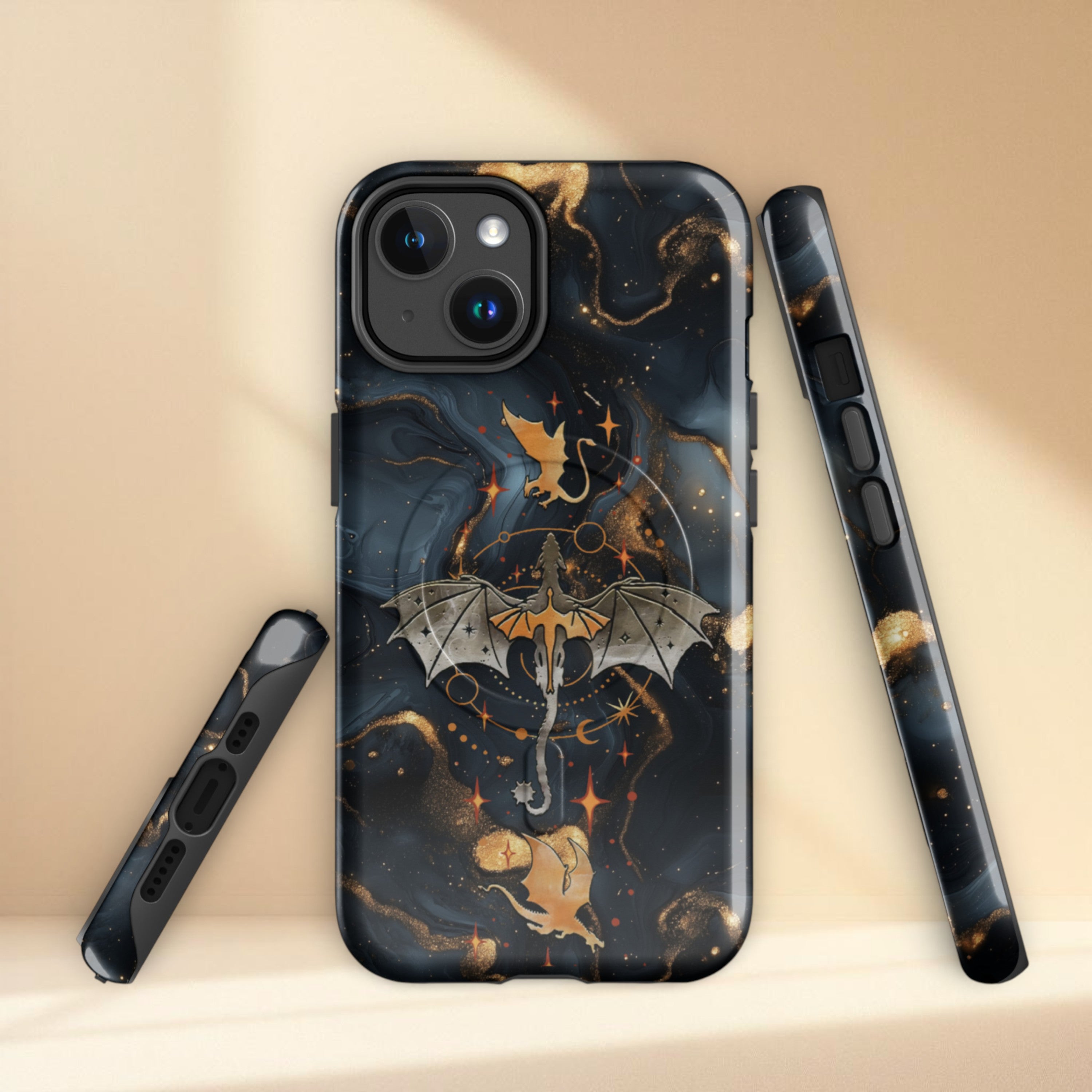 Dark fantasy dragon MagSafe iPhone case with gold celestial dragon rider design on navy marble background, tough protective romantasy aesthetic phone case