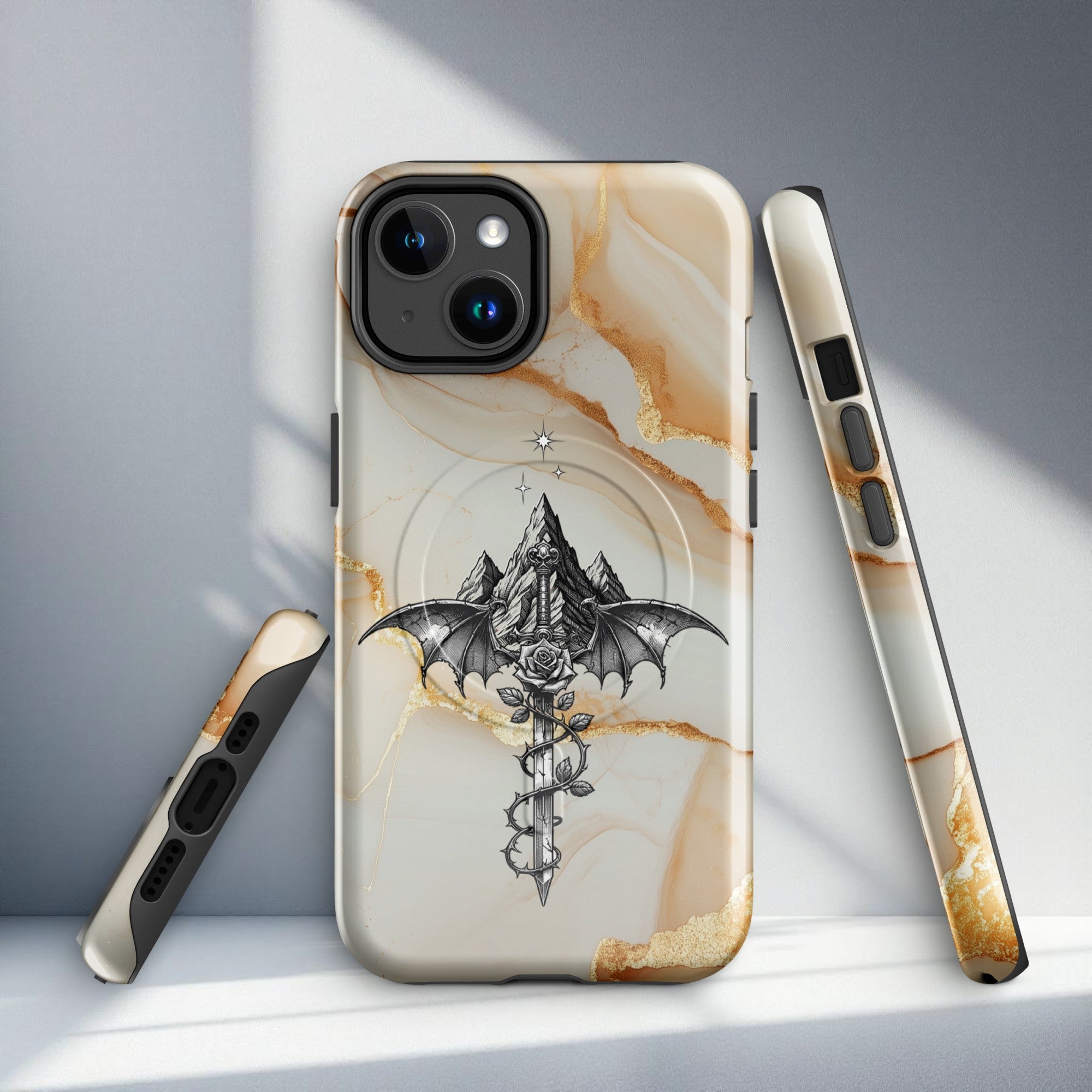 Sword fantasy iPhone case on neutral gold marble background, dark fantasy romantasy aesthetic tough protective phone case