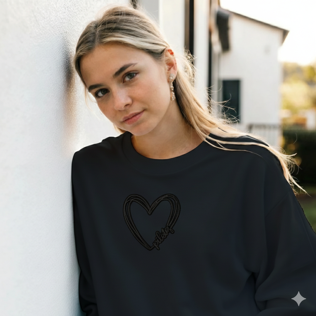 Pilates Heart Embroidered Sweatshirt – Minimal Black Crewneck