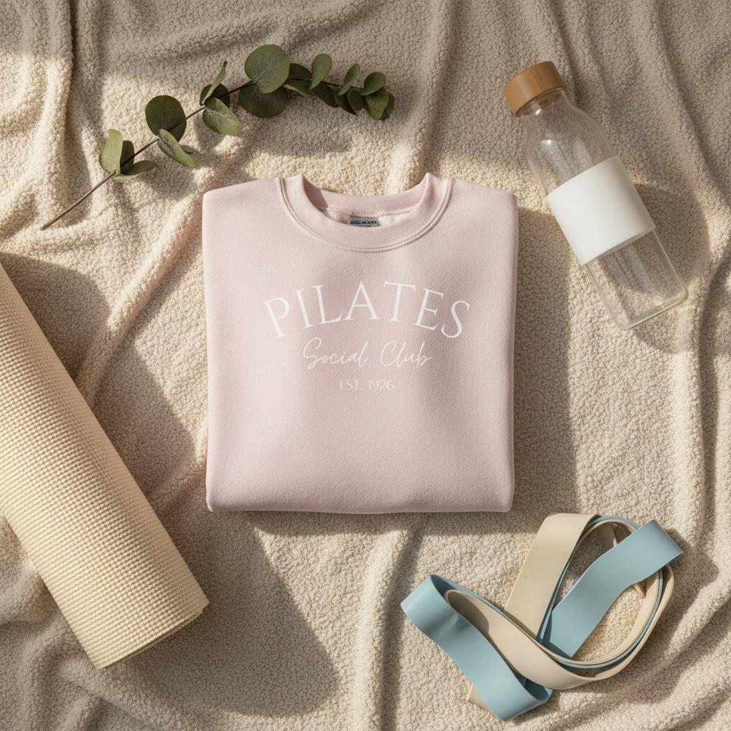 Pilates sweatshirt with 'Pilates Social Club' text in pink.