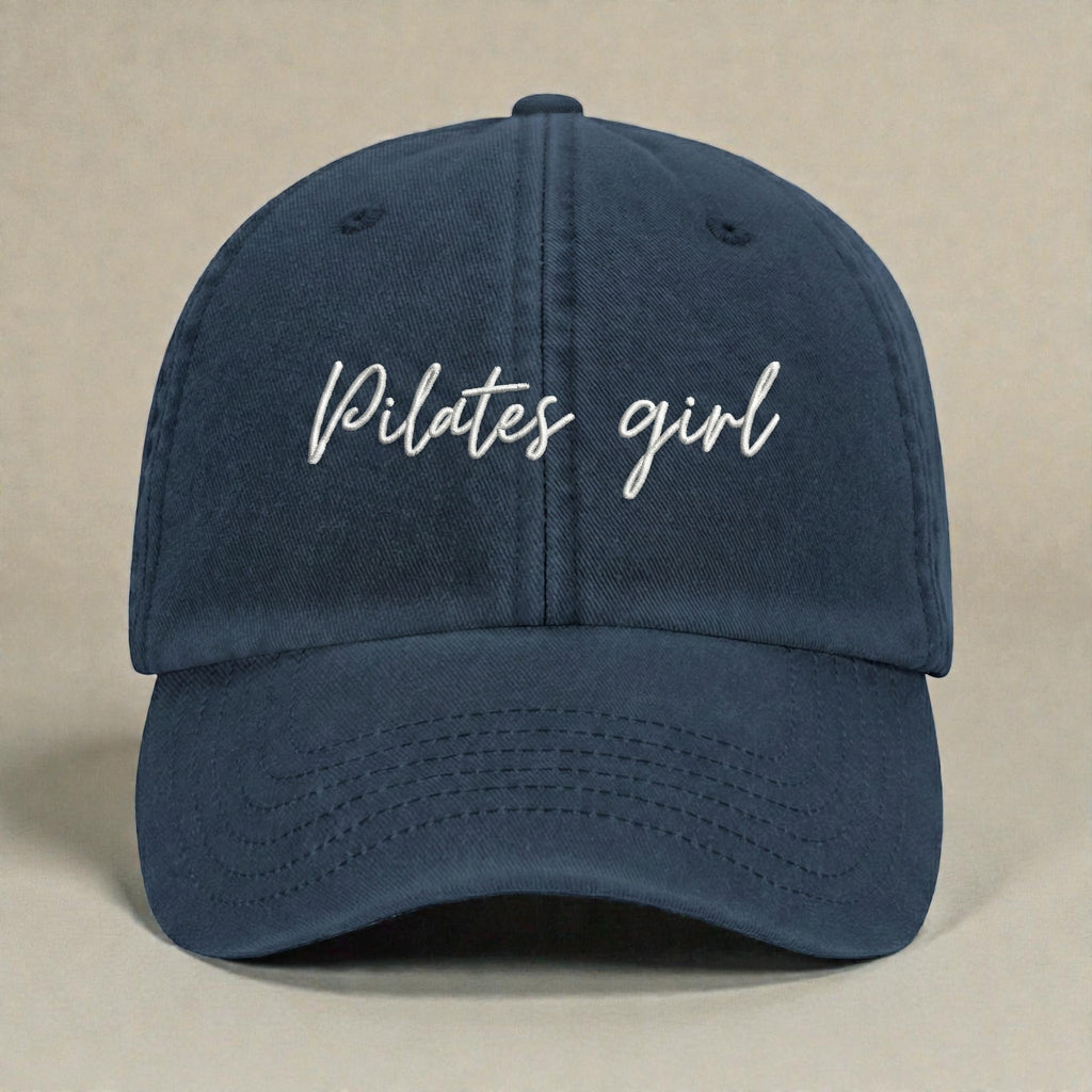 Pilates Girl embroidered dark denim dad cap with white script embroidery on vintage washed cotton baseball cap.