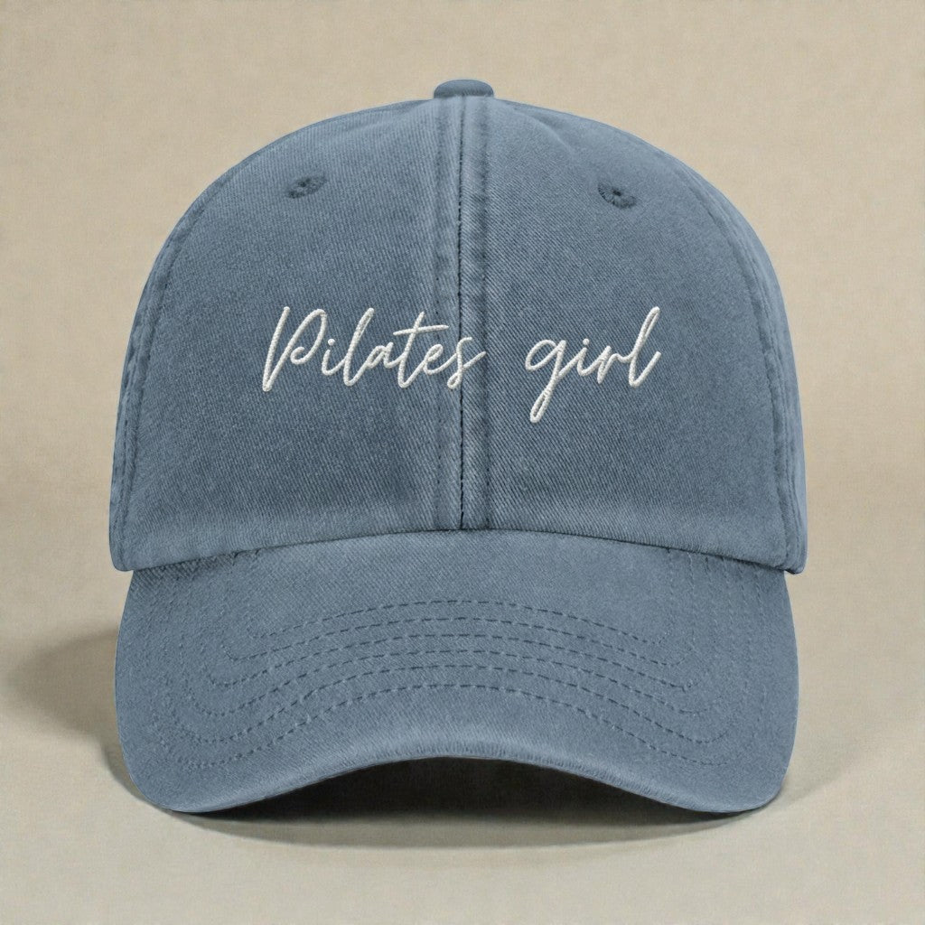 Pilates Girl embroidered light denim baseball cap with white script embroidery vintage style dad hat for Pilates lovers