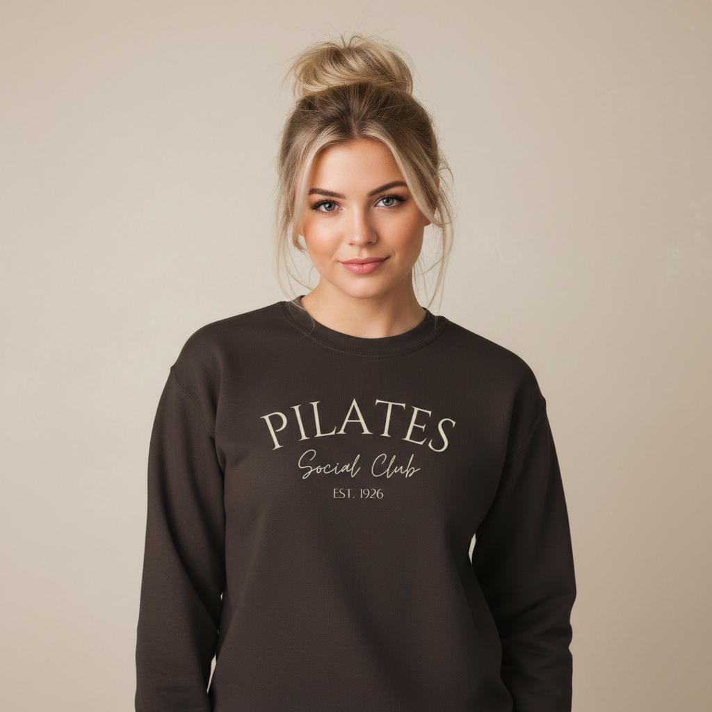 Pilates sweatshirt in chocolate brown with cream lettering