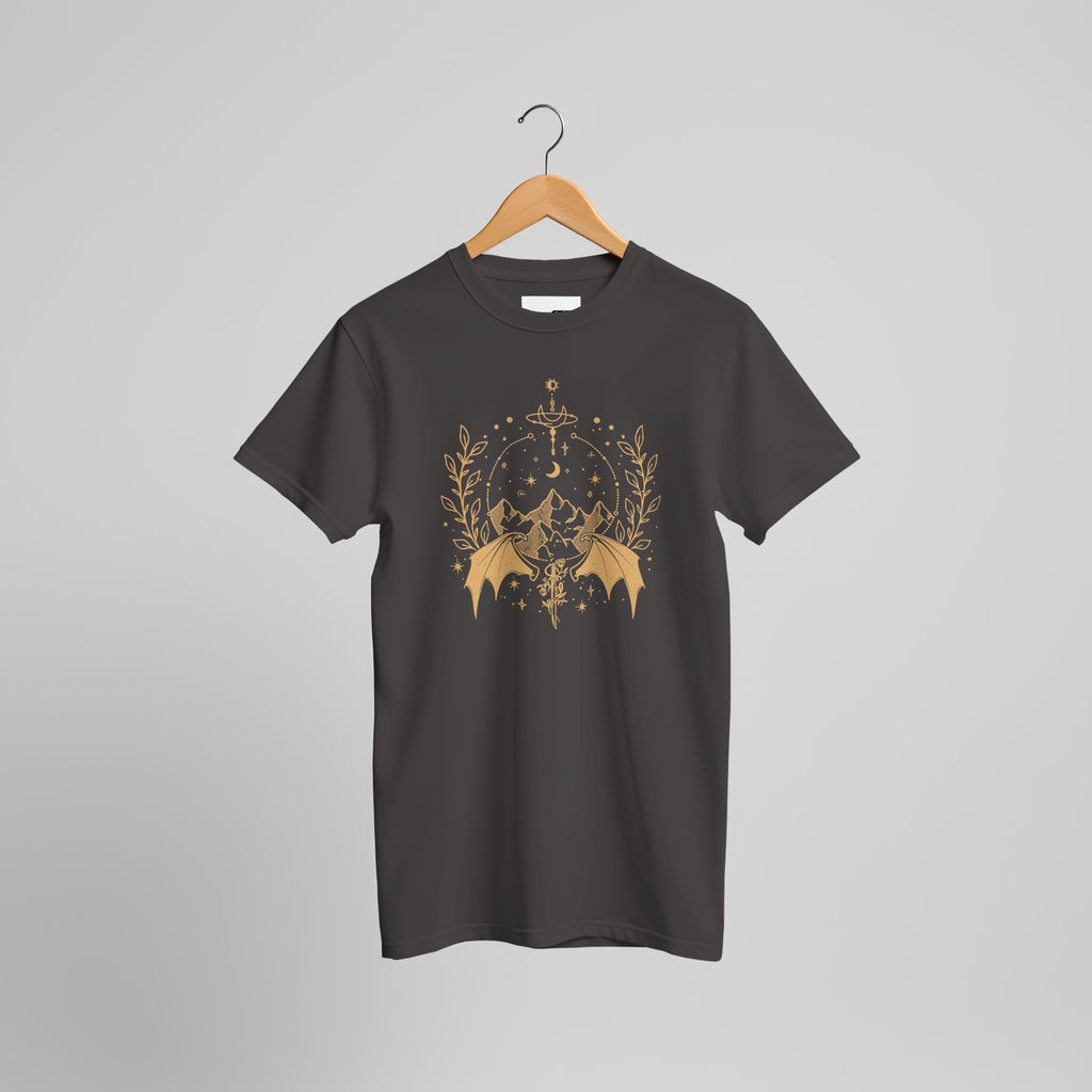 Black t-shirt with gold graphic design on a gray background