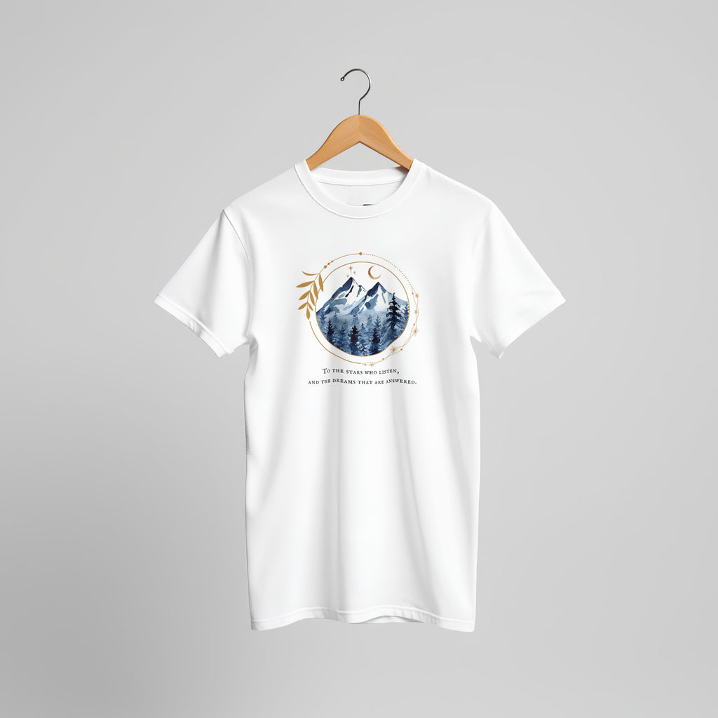 White t-shirt with mountain graphic and text on a hanger. Romantasy book lover gift, acotar fan inspired. 