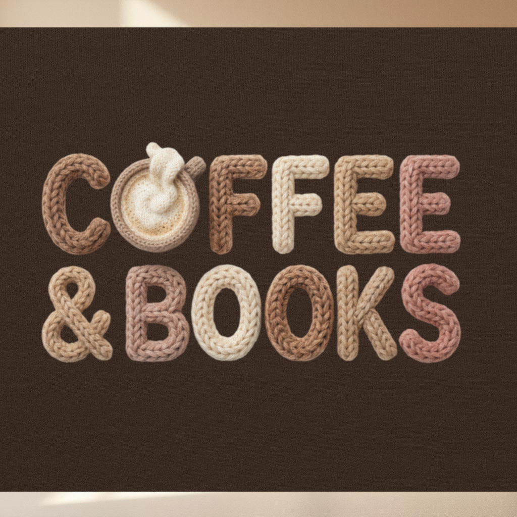 Bookish Sweatshirt with COFFEE & BOOKS made of knitted yarn on a dark background