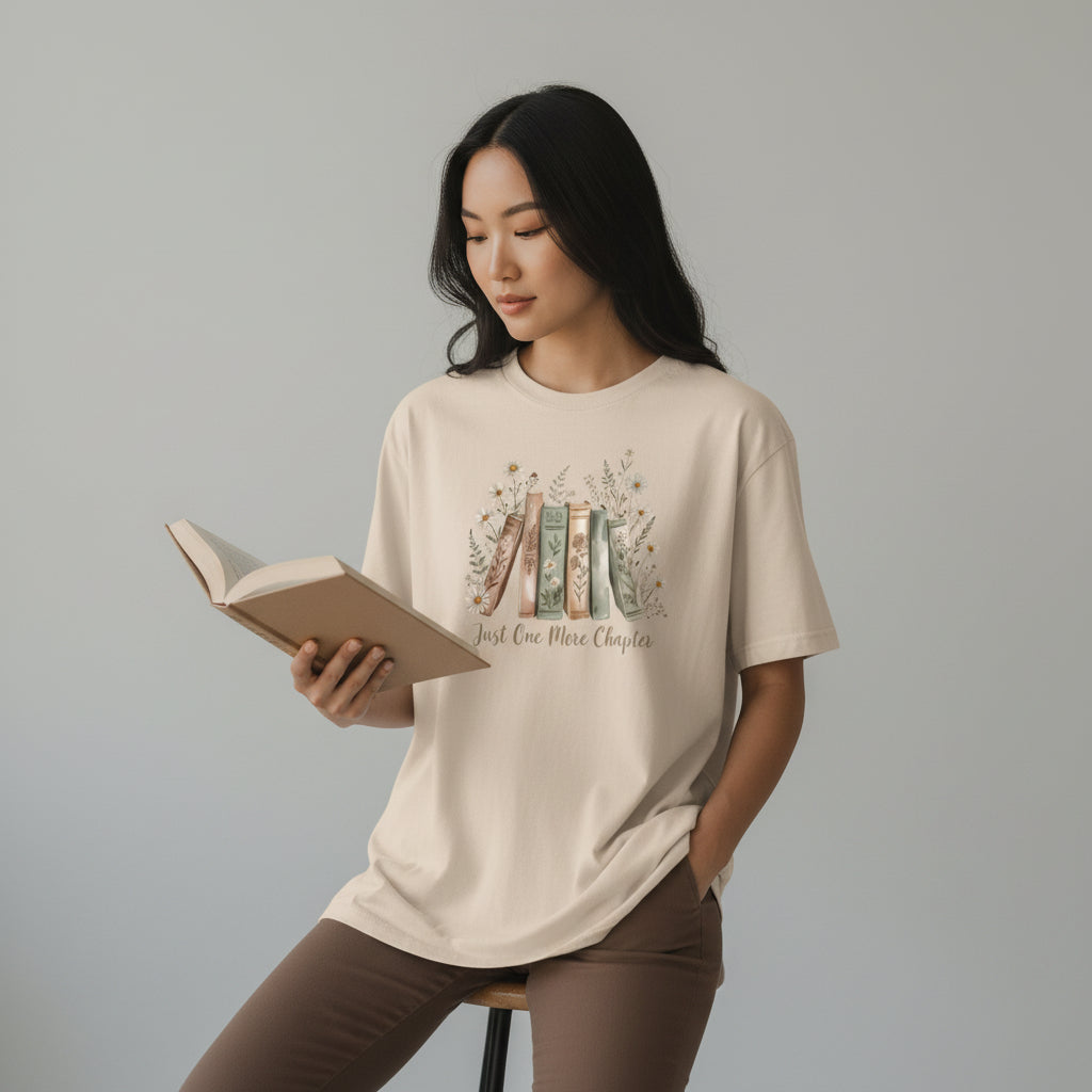 Floral bookish t-shirt worn casually by reader