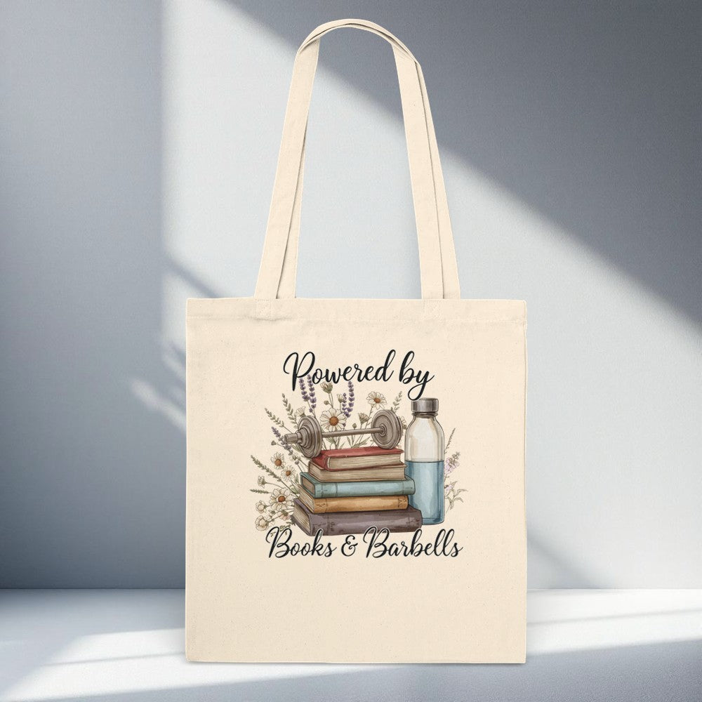 Books and Barbells canvas tote bag with stacked books, barbell and water bottle illustration book lover fitness lifestyle tote bag