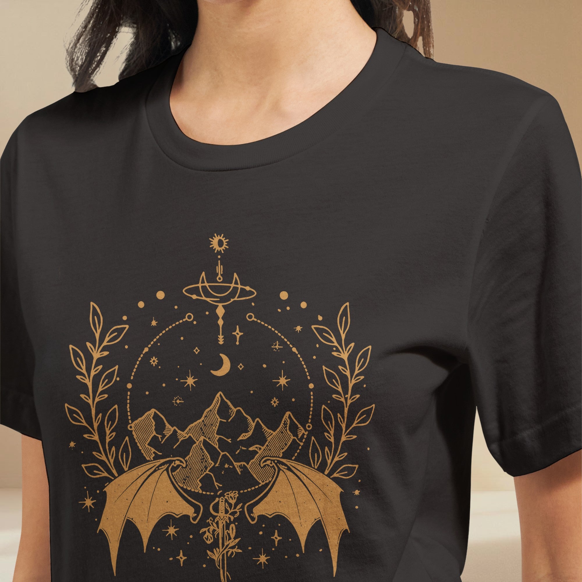 gold celestial dragon and mountain graphic inspired by romantasy and fantasy book aesthetics.