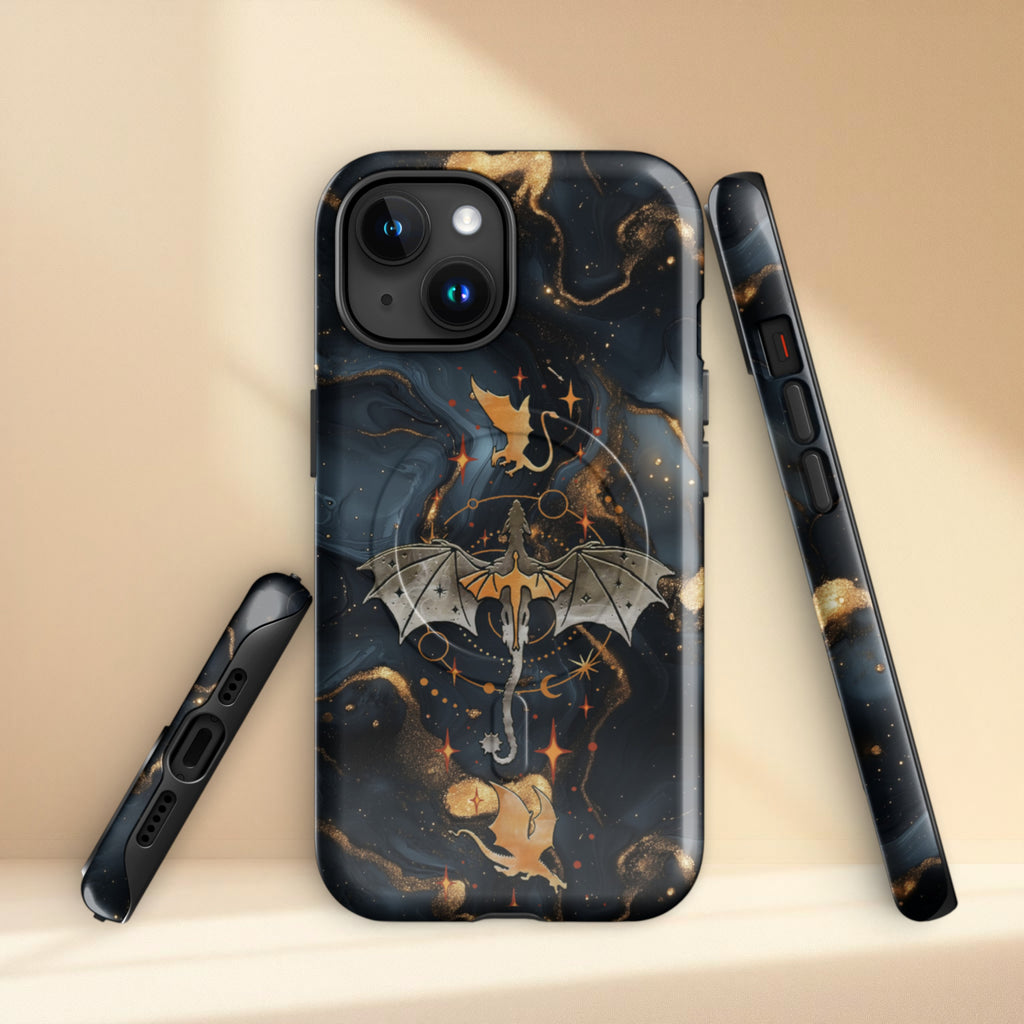 Dragon rider romantasy aesthetic iPhone case inspired by fantasy books, dark celestial background, tough protective MagSafe phone case.
