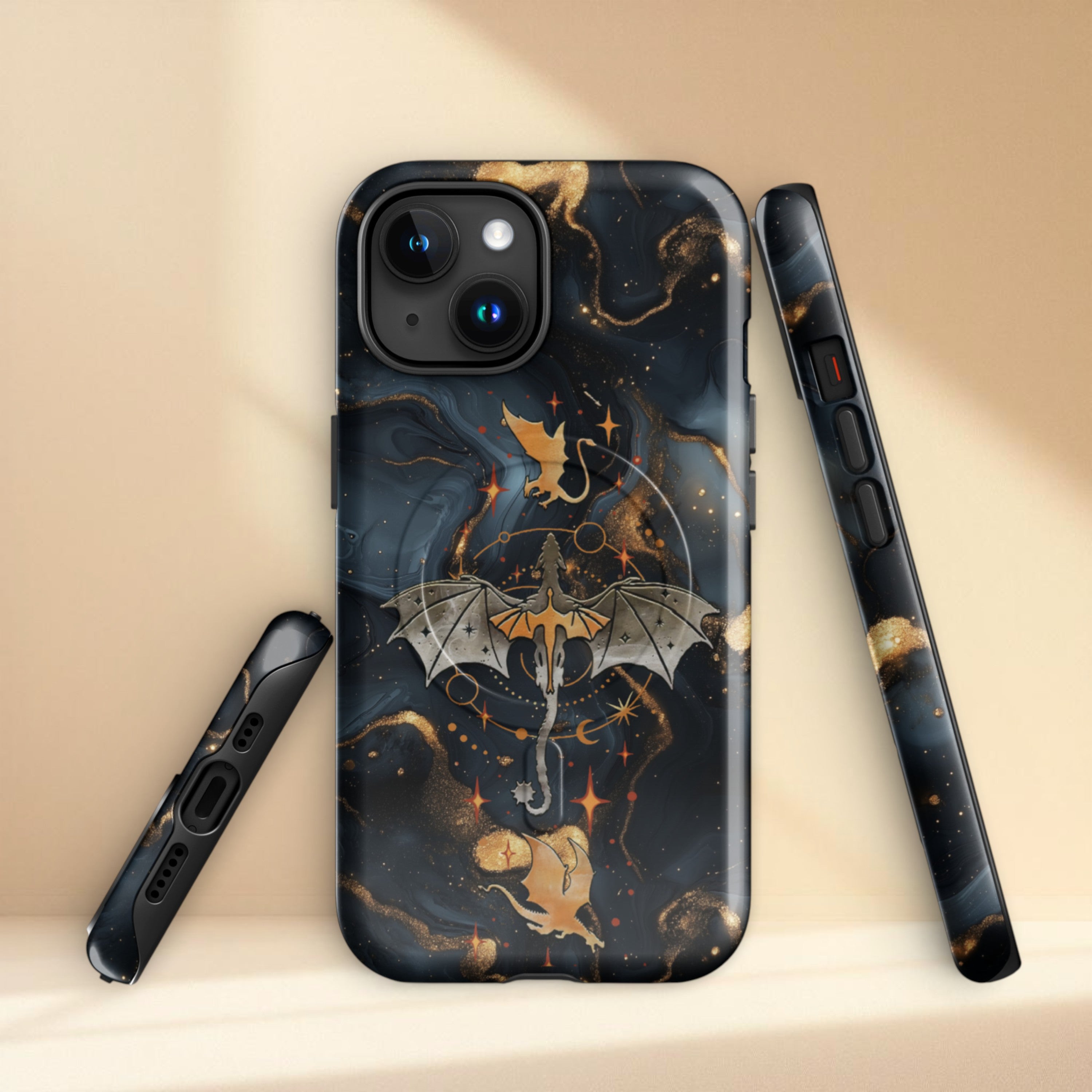 Dragon rider romantasy aesthetic iPhone case inspired by fantasy books, dark celestial background, tough protective MagSafe phone case.