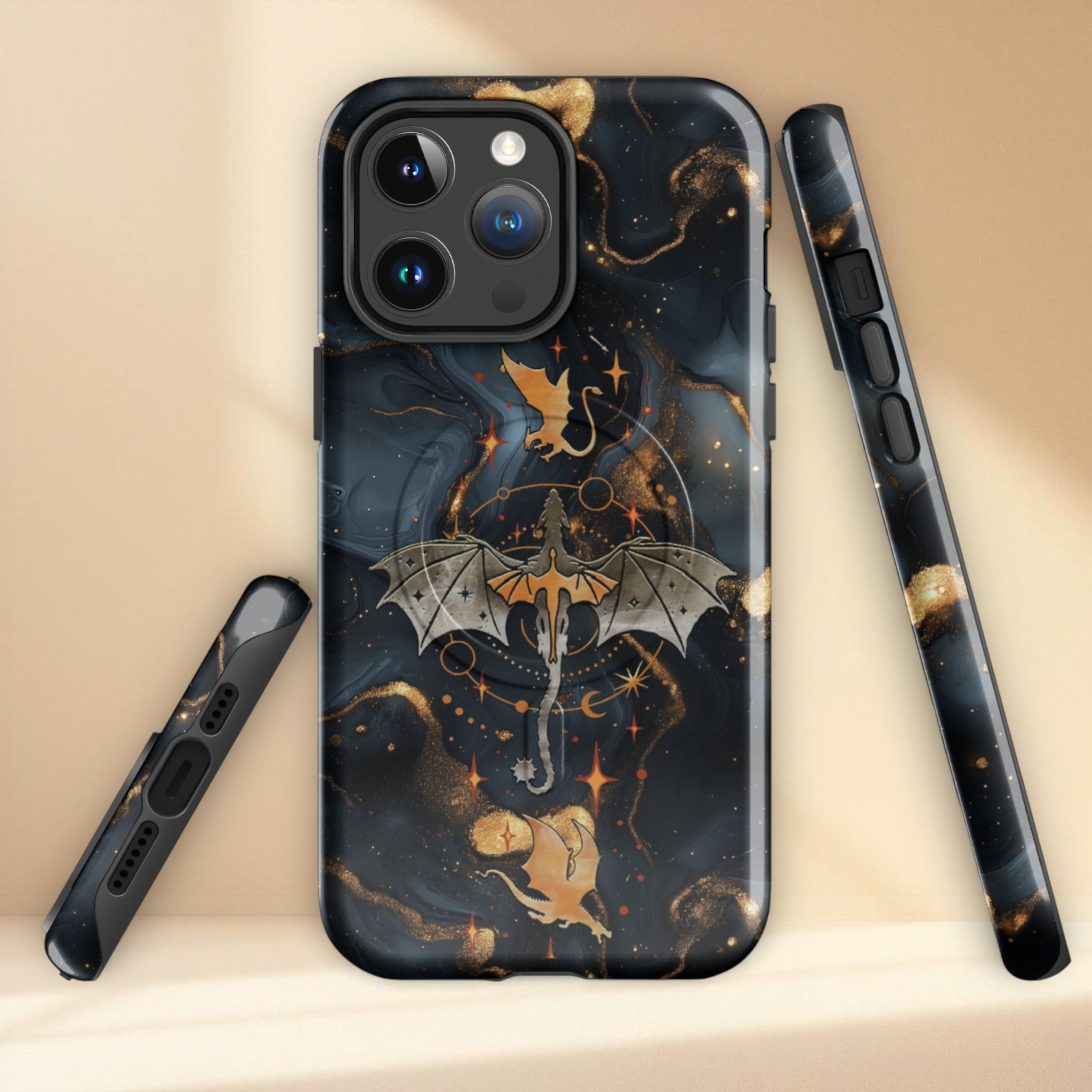 Romantasy dragon aesthetic protective iPhone case with gold dragon illustration and cosmic star detailing, tough dual layer MagSafe phone case.
