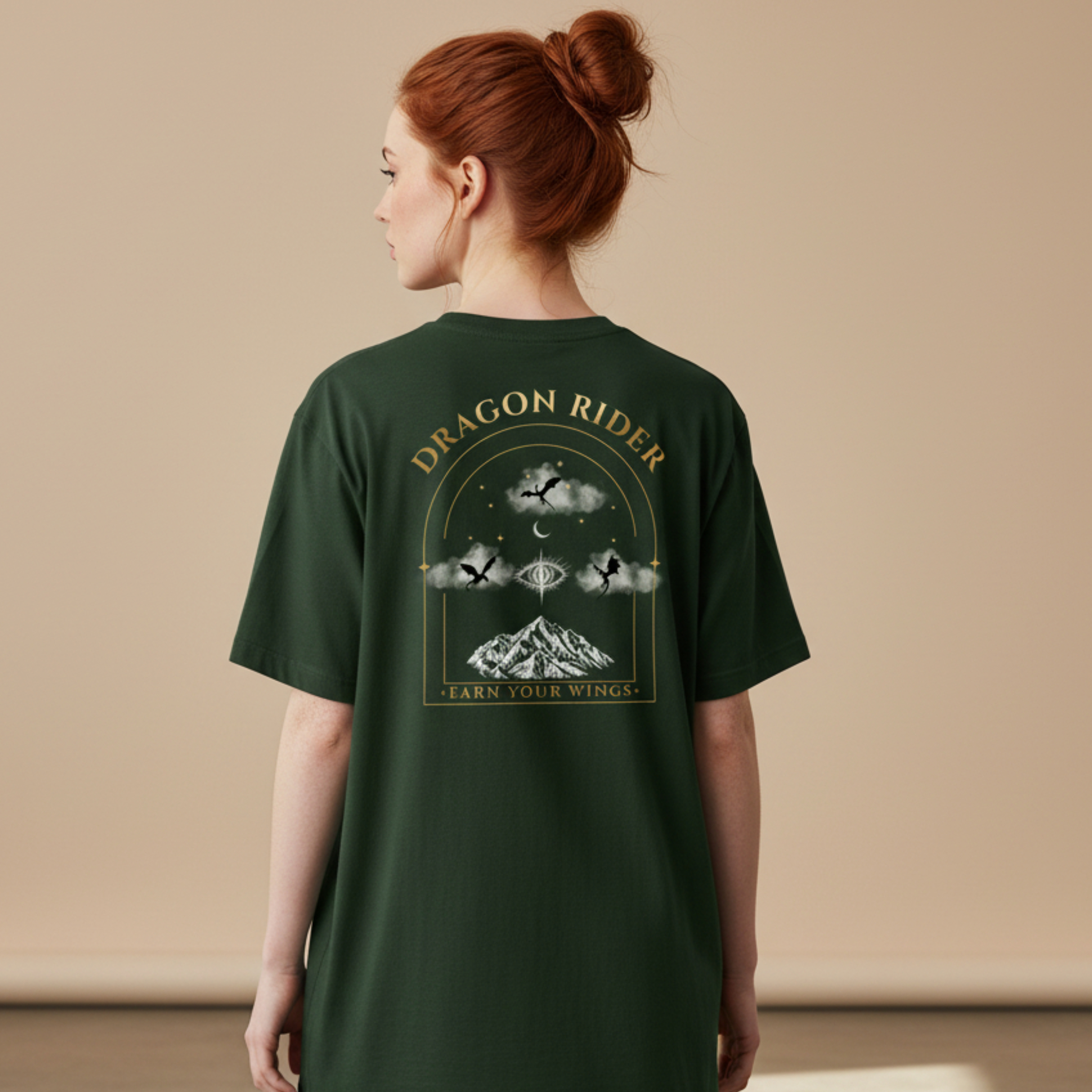 Dark fabric fantasy t-shirt with moonlit dragon graphic