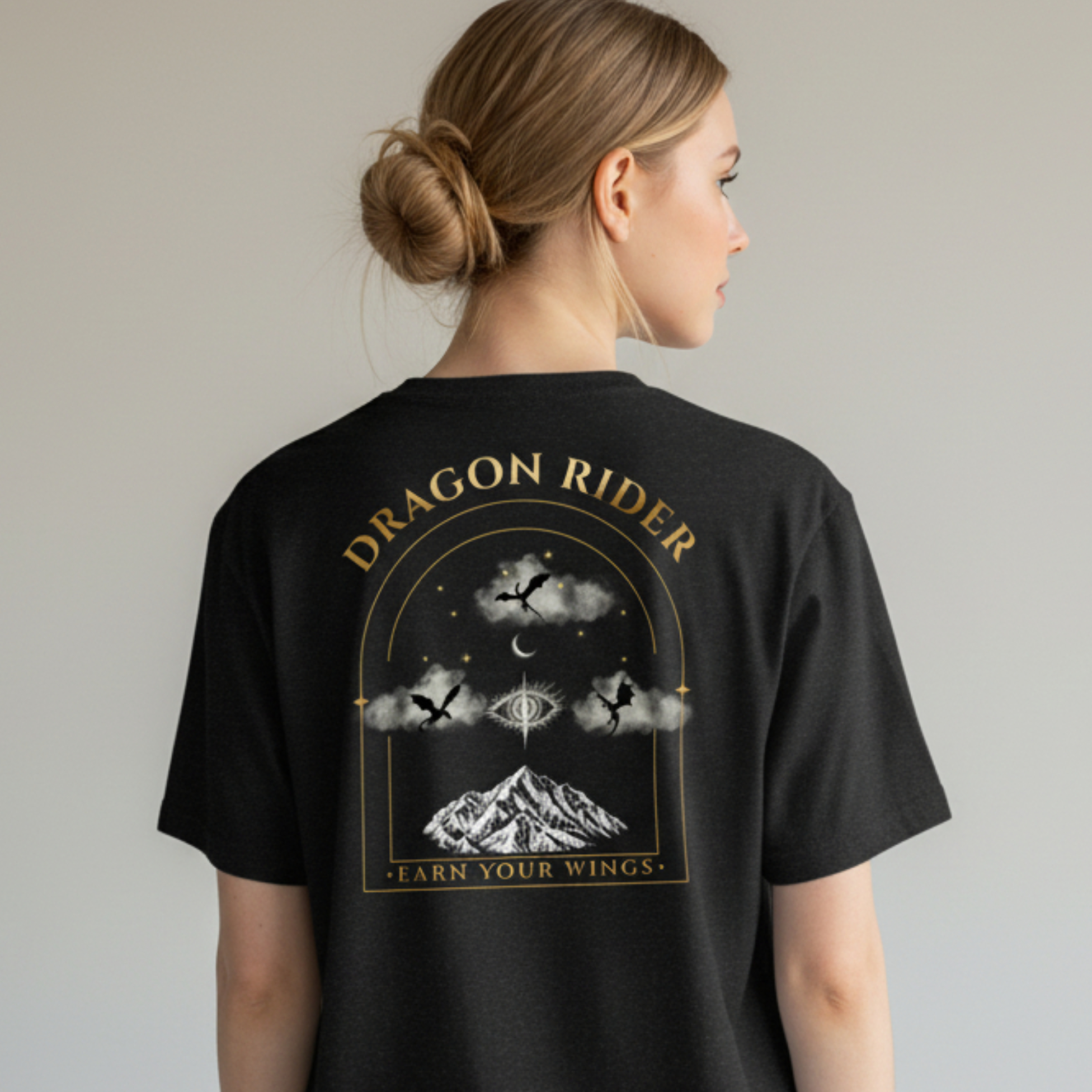 Fantasy t-shirt with dragon rider graphic on dark fabric for fantasy readers