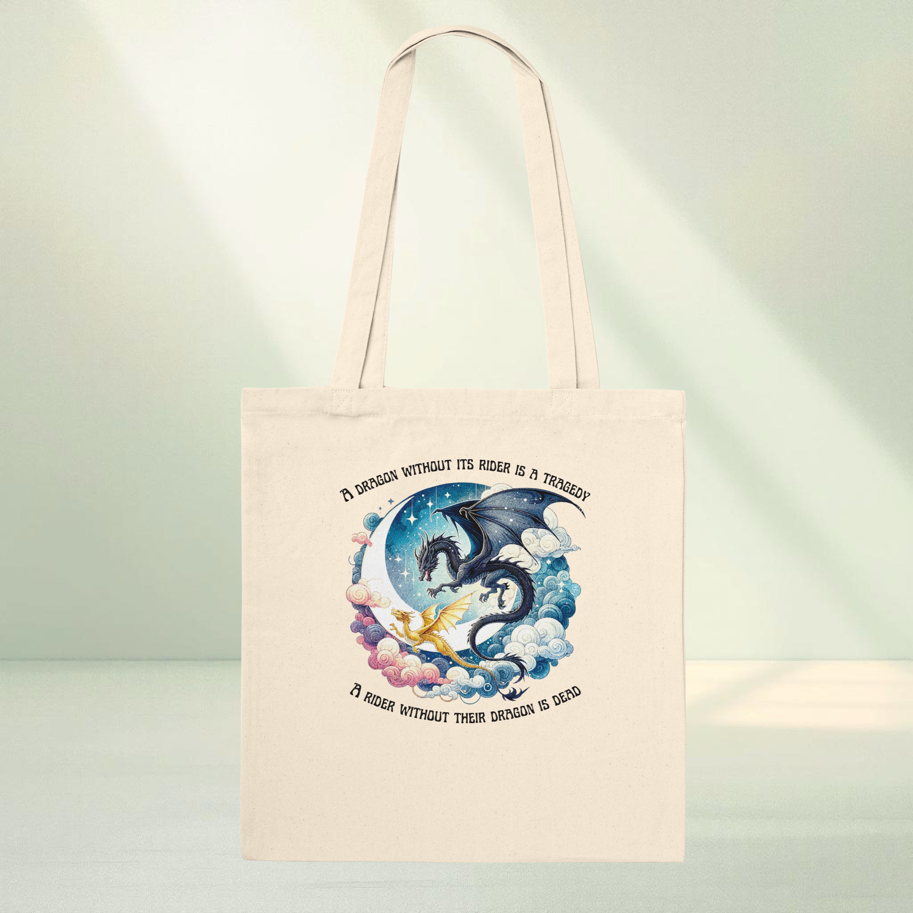 Dragon rider fantasy tote bag with circular dragon and rider illustration in clouds on neutral canvas, romantasy fantasy reader aesthetic tote bag.