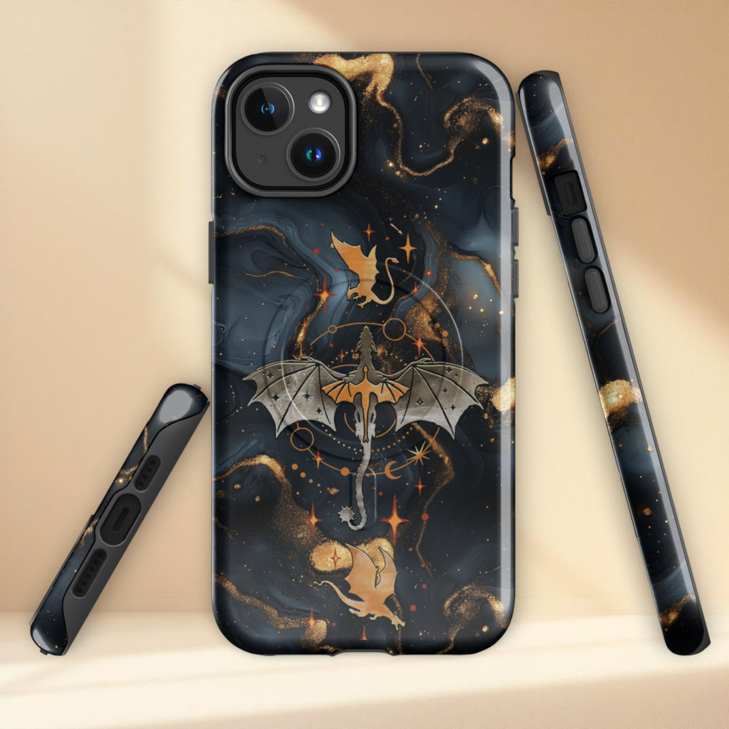 Fantasy dragon rider tough iPhone case with gold dragon artwork, celestial stars and dark navy marble background, MagSafe compatible fantasy phone case