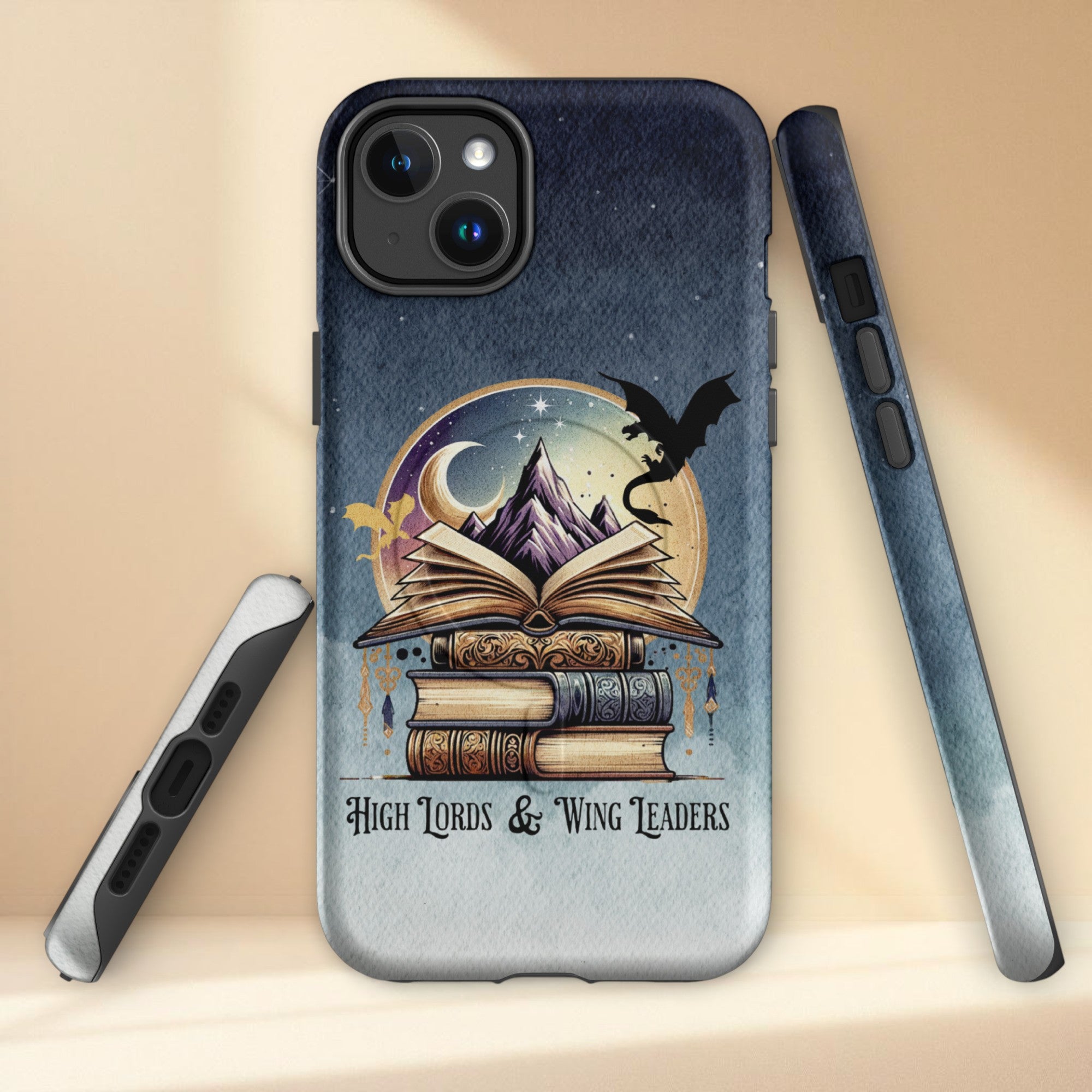 Book lover fantasy aesthetic iPhone case featuring vintage book stack, open book artwork and dragon silhouette, romantasy reader phone accessory.
