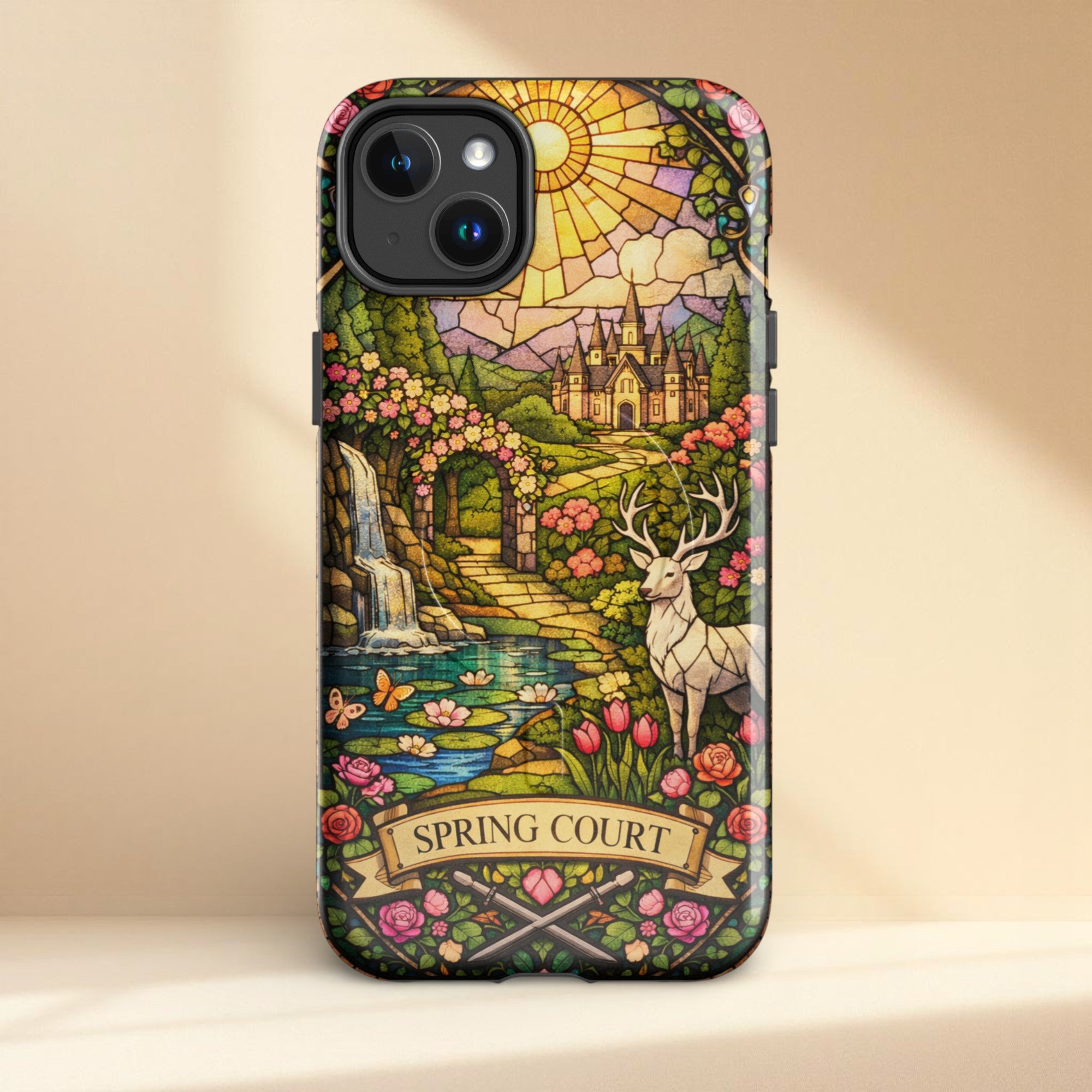 Stained glass style spring court fantasy landscape phone case featuring sun, flowers, castle manor, waterfall and woodland scene.