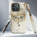 Gold wing dragon fantasy iPhone case on neutral beige marble background, luxury romantasy aesthetic tough protective dragon phone case