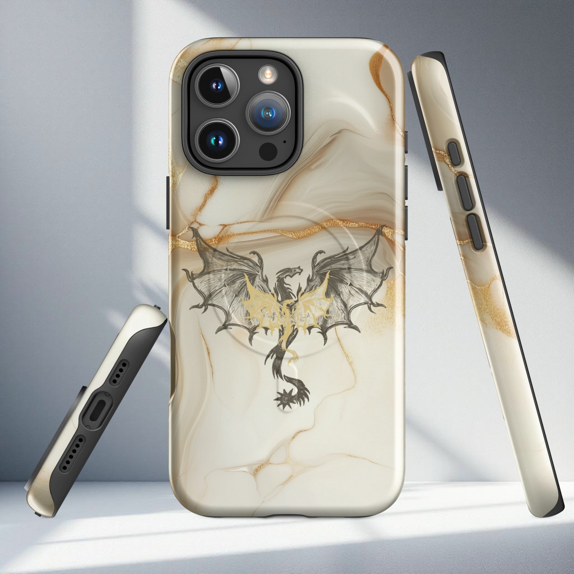 Gold wing dragon fantasy iPhone case on neutral beige marble background, luxury romantasy aesthetic tough protective dragon phone case