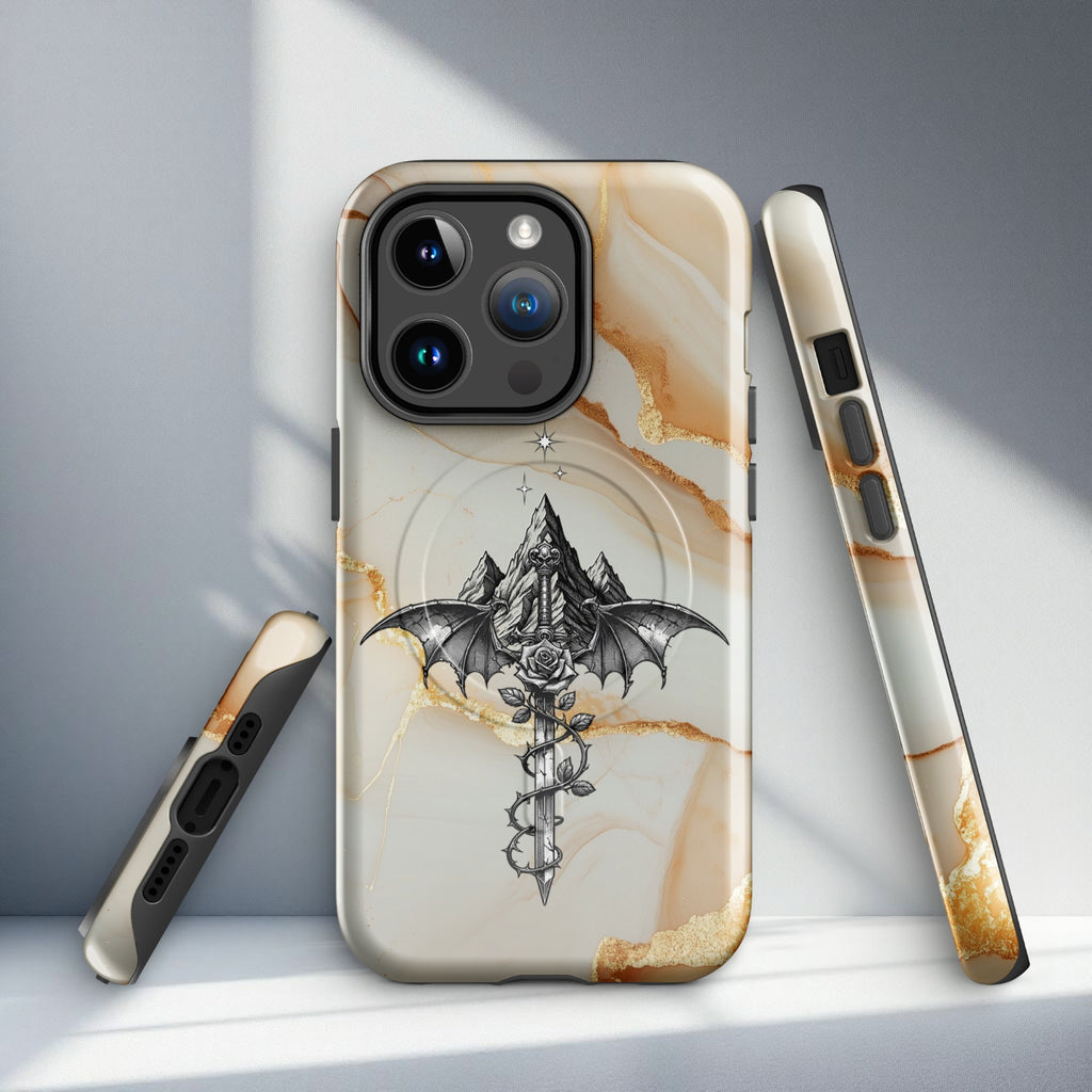 iPhone case with bat wings and rose design on a marble background.