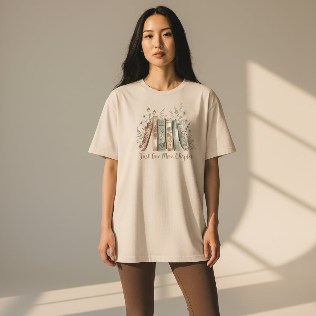 Just One More Chapter bookish t-shirt with floral book stack design