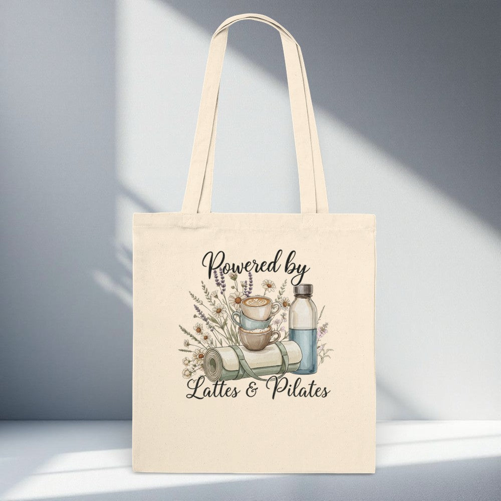 Lattes and Pilates canvas tote bag with coffee cups, Pilates mat and water bottle illustration wellness lifestyle tote bag