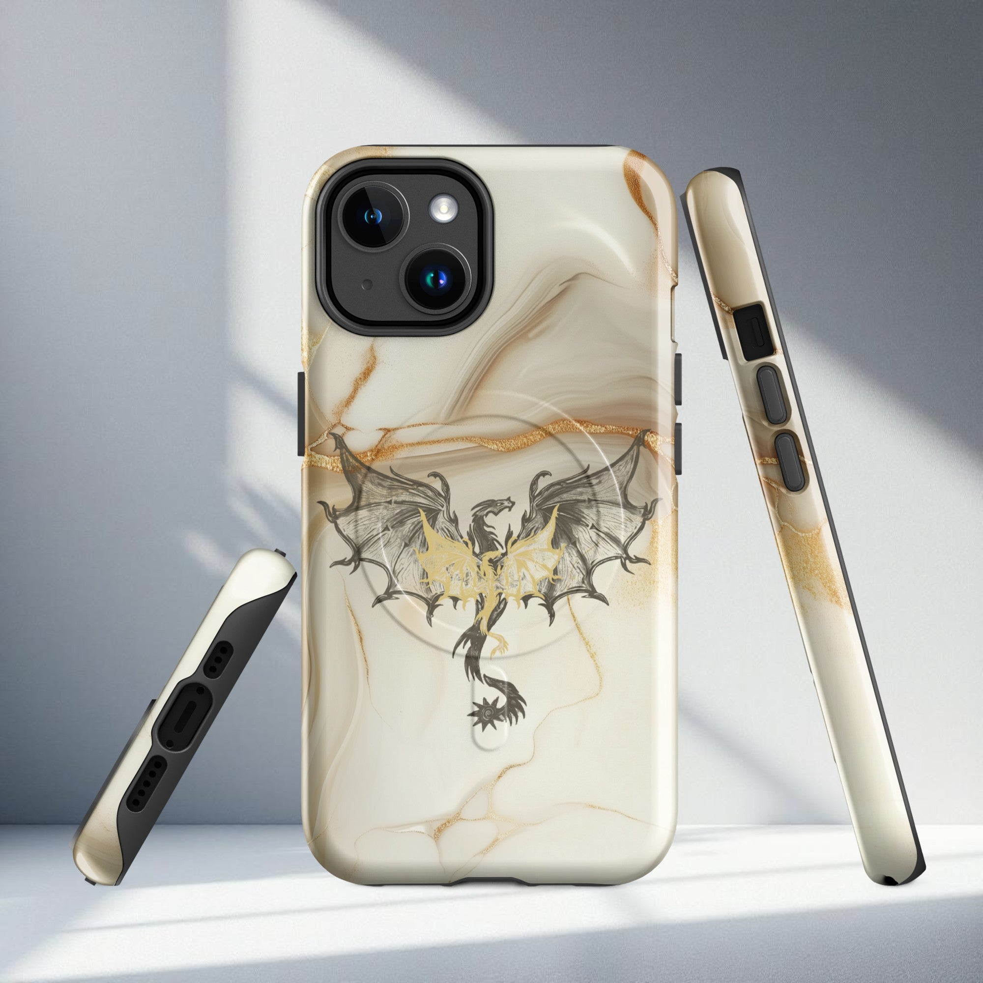 Phone case with dragon design on a marble background