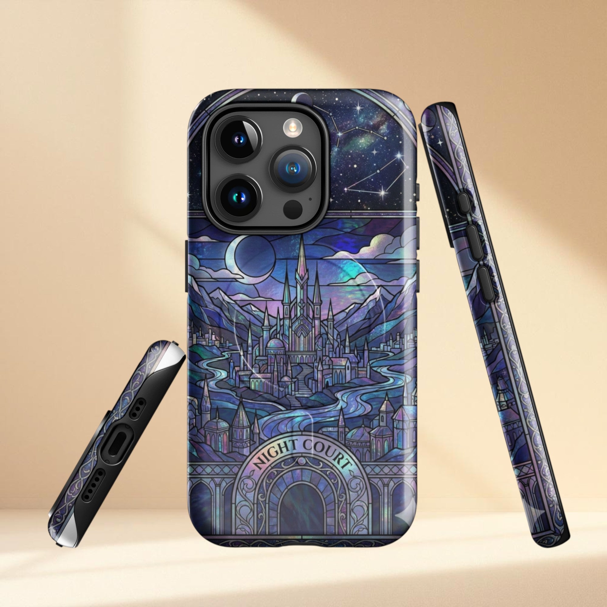 Phone case with fantasy castle design on a beige background