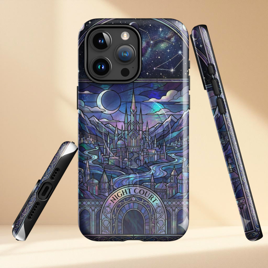 Phone case with fantasy castle design on a beige background