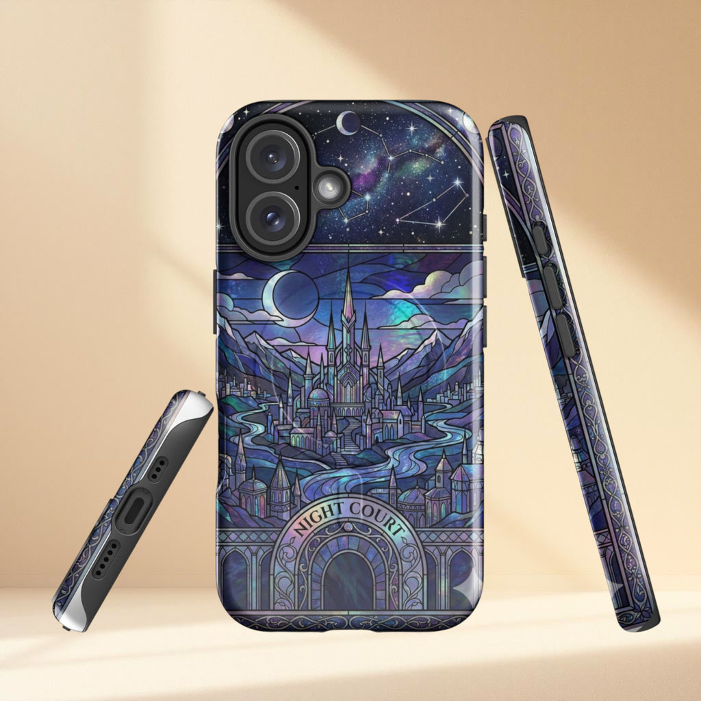 Phone case with fantasy castle design on a beige background