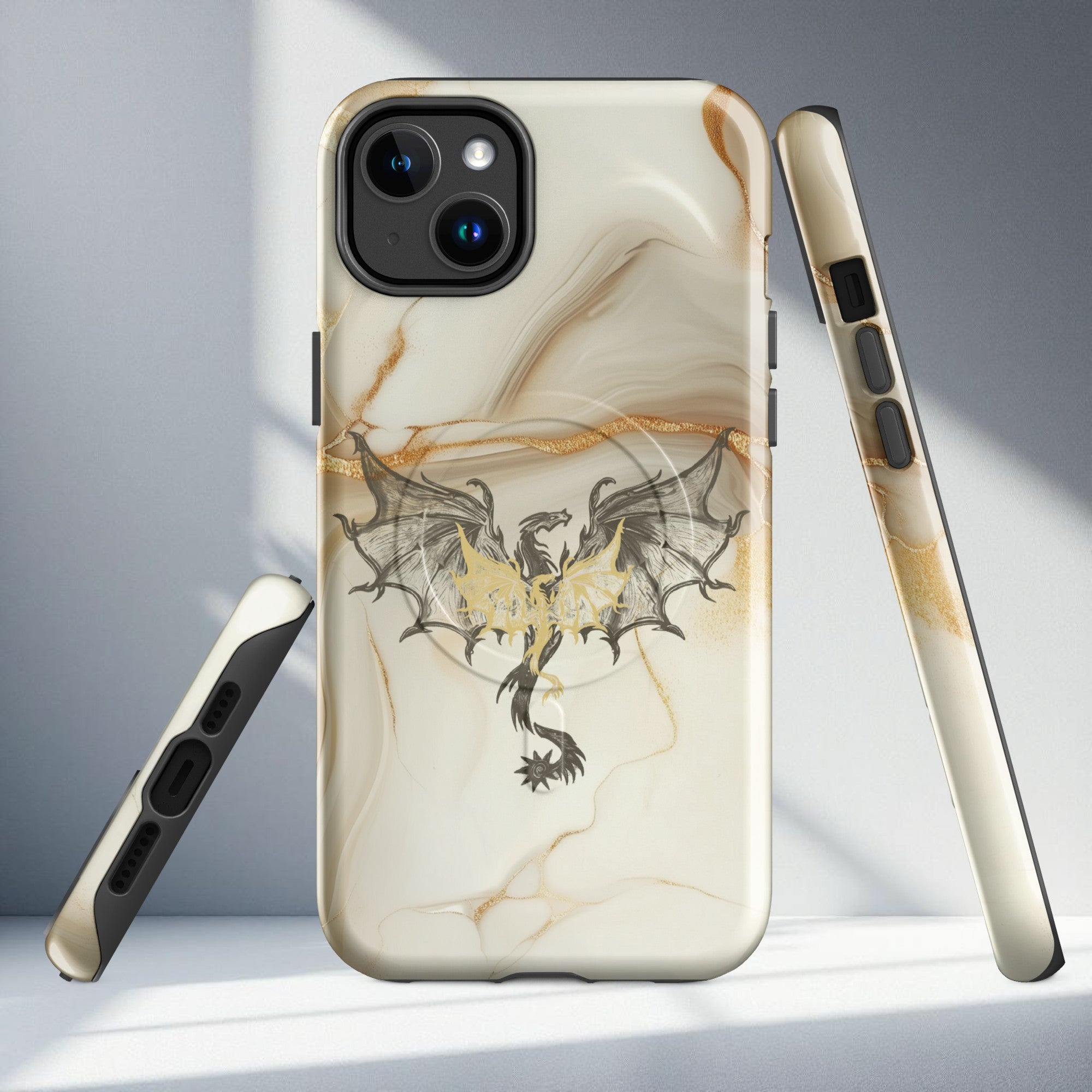 Gold wing dragon fantasy iPhone case on neutral beige marble background, luxury romantasy aesthetic tough protective dragon phone case.