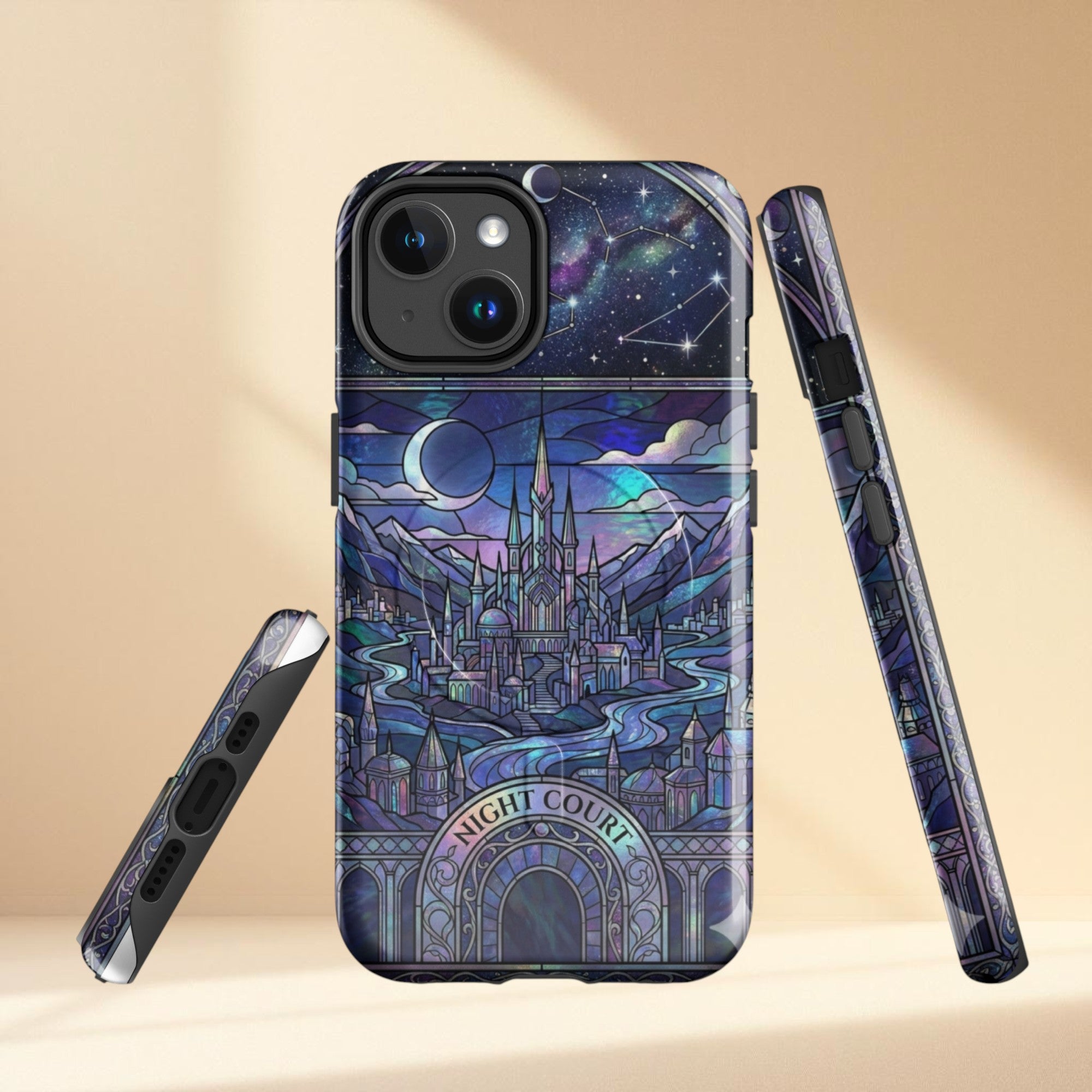 Stained glass style night court fantasy landscape phone case featuring crescent moon, stars, mountains, city and celestial night sky.