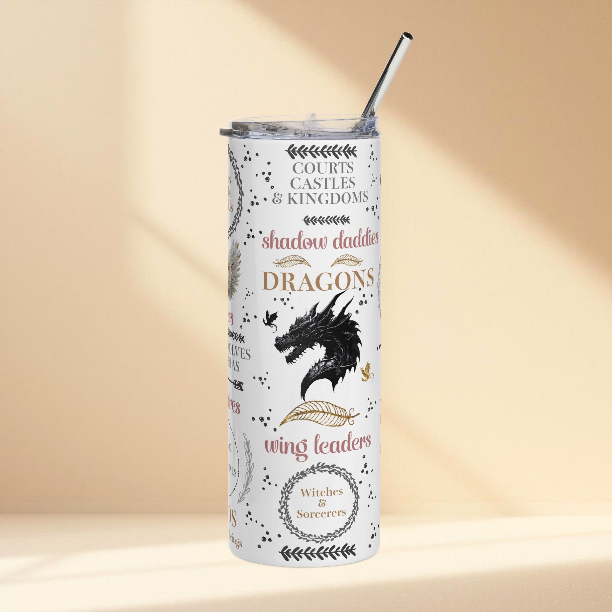 20oz stainless steel romantasy tumbler featuring dragons, fae, shadow daddies, bonded mates and fantasy book themed typography design.