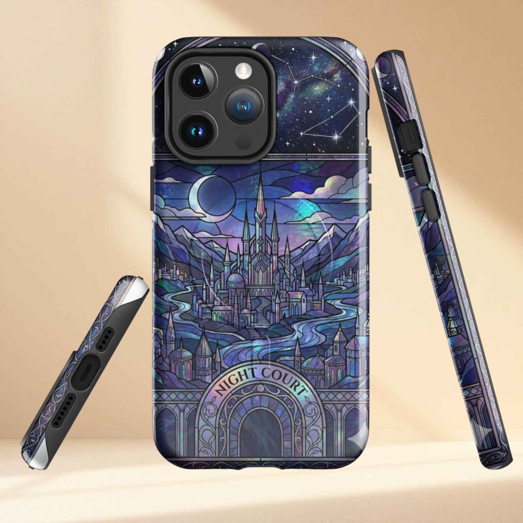 Stained glass style night court fantasy landscape phone case featuring crescent moon, stars, mountains, city and celestial night sky.